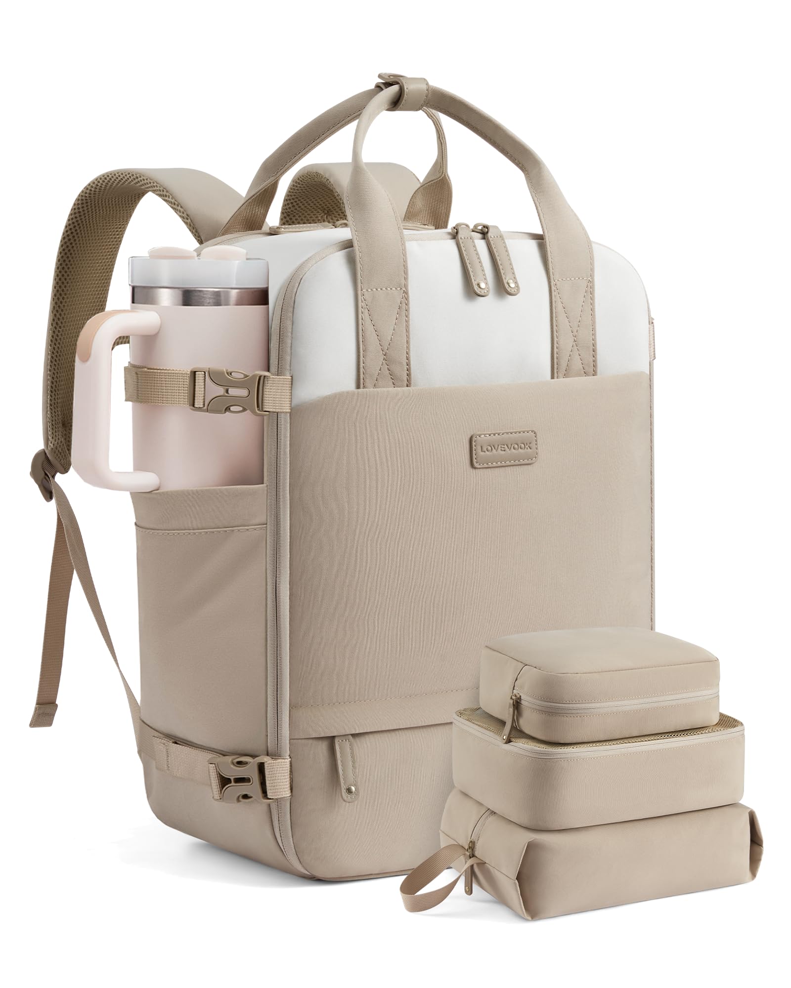 LOVEVOOK Reiserucksack Damen Groß, Handgepäck Rucksack Flugzeug 15.6 Zoll Laptop Travel Backpack Women Weekender Reisetasche Wasserdicht Carry On Cabin Luggage Bag für Business Reise, Beige Khaki