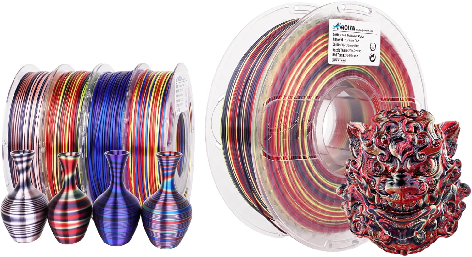 AMOLEN Silk PLA 3D Printer Filament Bundle, Multicolor Rainbow PLA 1.75mm, Shiny Fast Color Change PLA Irregular Stripes 3D Printing Filament