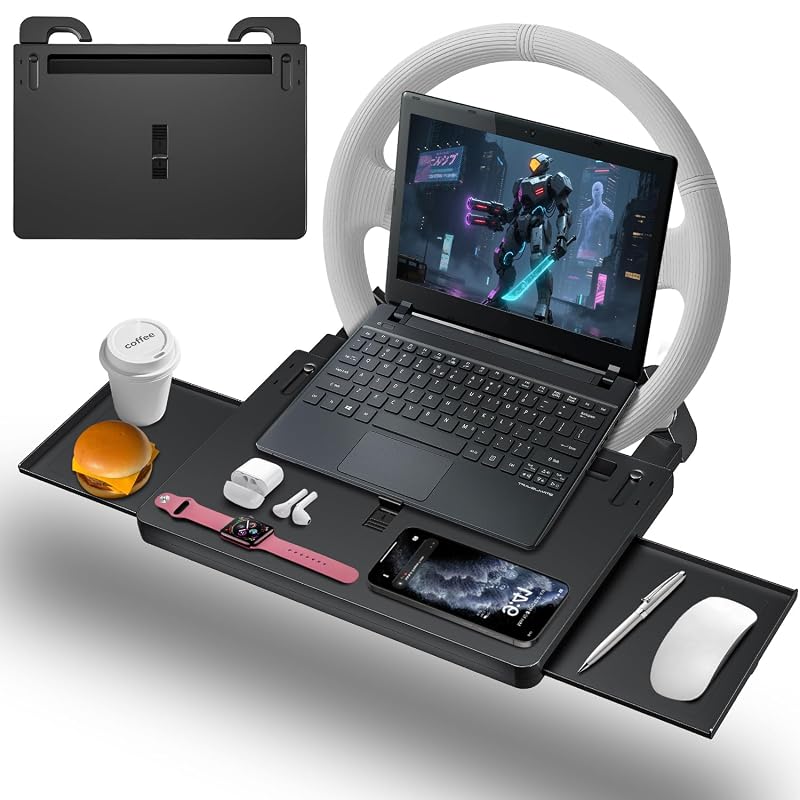 Bandeja para volante automotivo com gavetas, suporte para notebook e tablet, braço ajustável e gancho giratório AUEOTUAR A15-01 preta