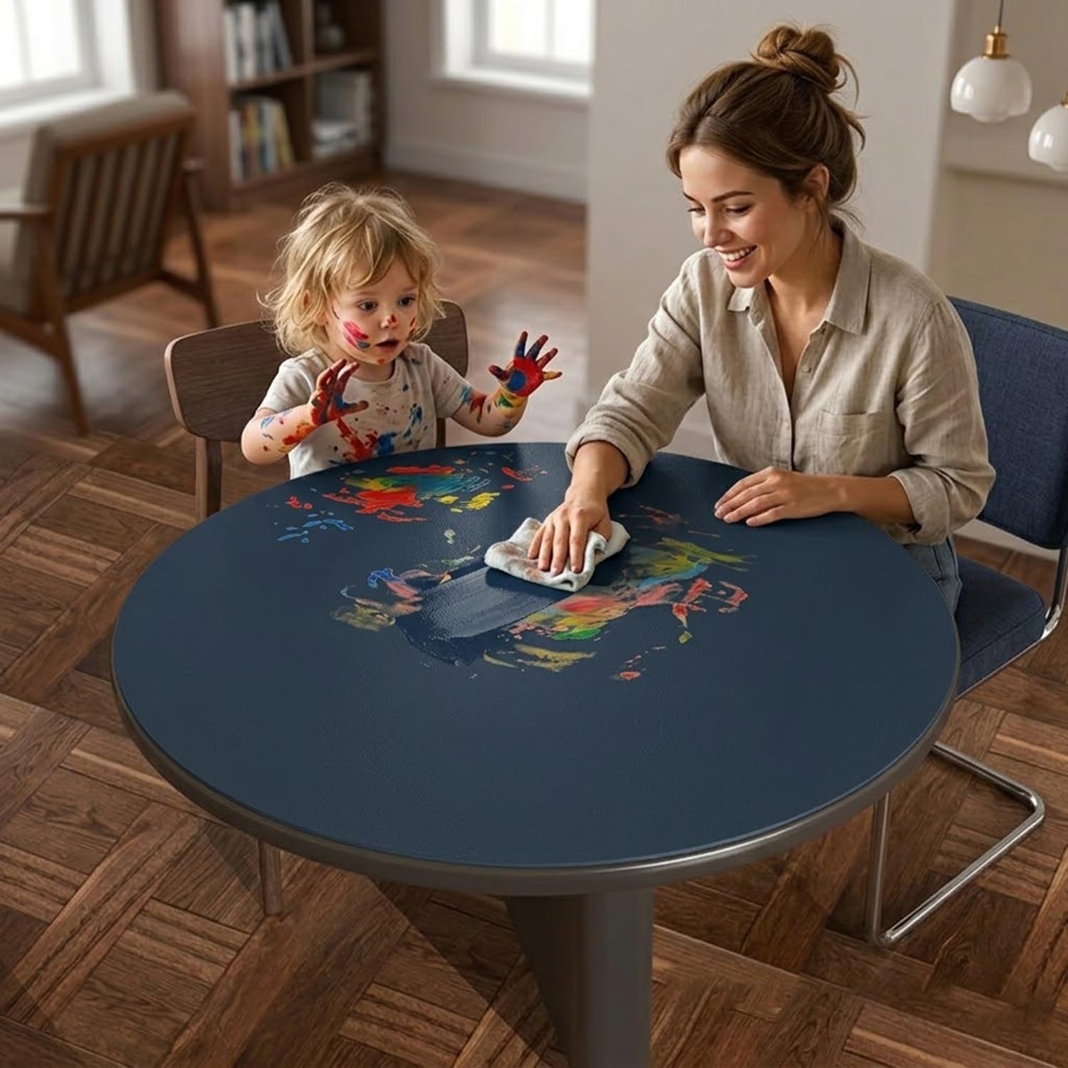 Reversibile Tovaglia Rotonda 120/180/160/140 cm Copritavolo Rotondo Impermeabile in Pelle Sintetica 2mm Spessore Protezione Tavolo per Sala da Pranzo Cucina Scrivania(Grey*Black,120cm)