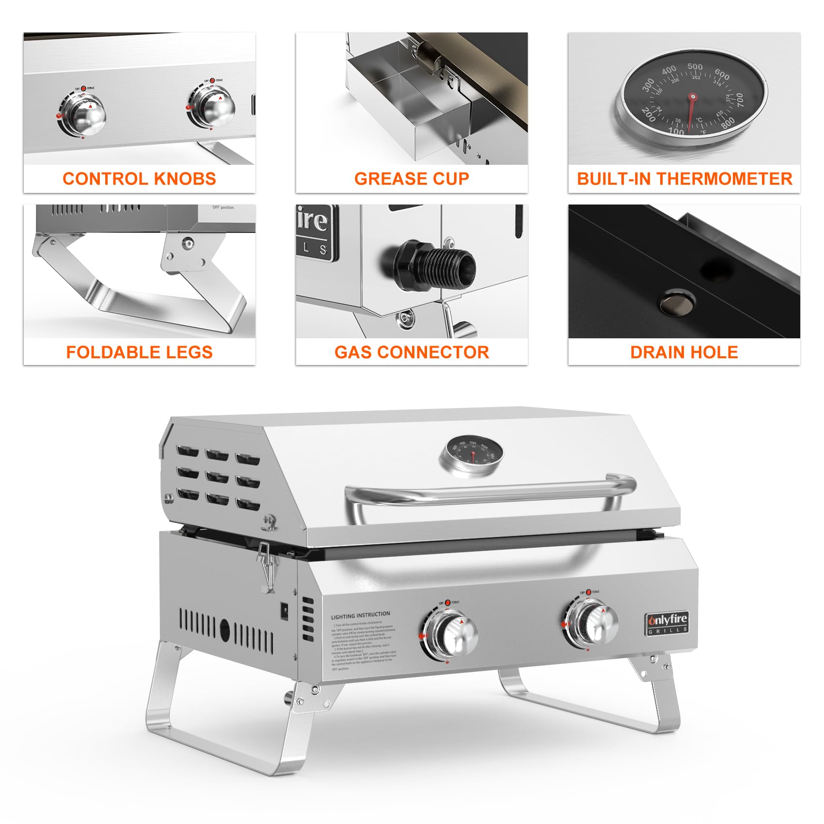 onlyfire Barbecue à Gaz 2 Brûleurs en Acier Inoxydable, Barbecue de Table avec Couvercle et Plaque de Gril en Céramique, Zone de Cuisson 45,8x36CM, pour Camping et l' Extérieur