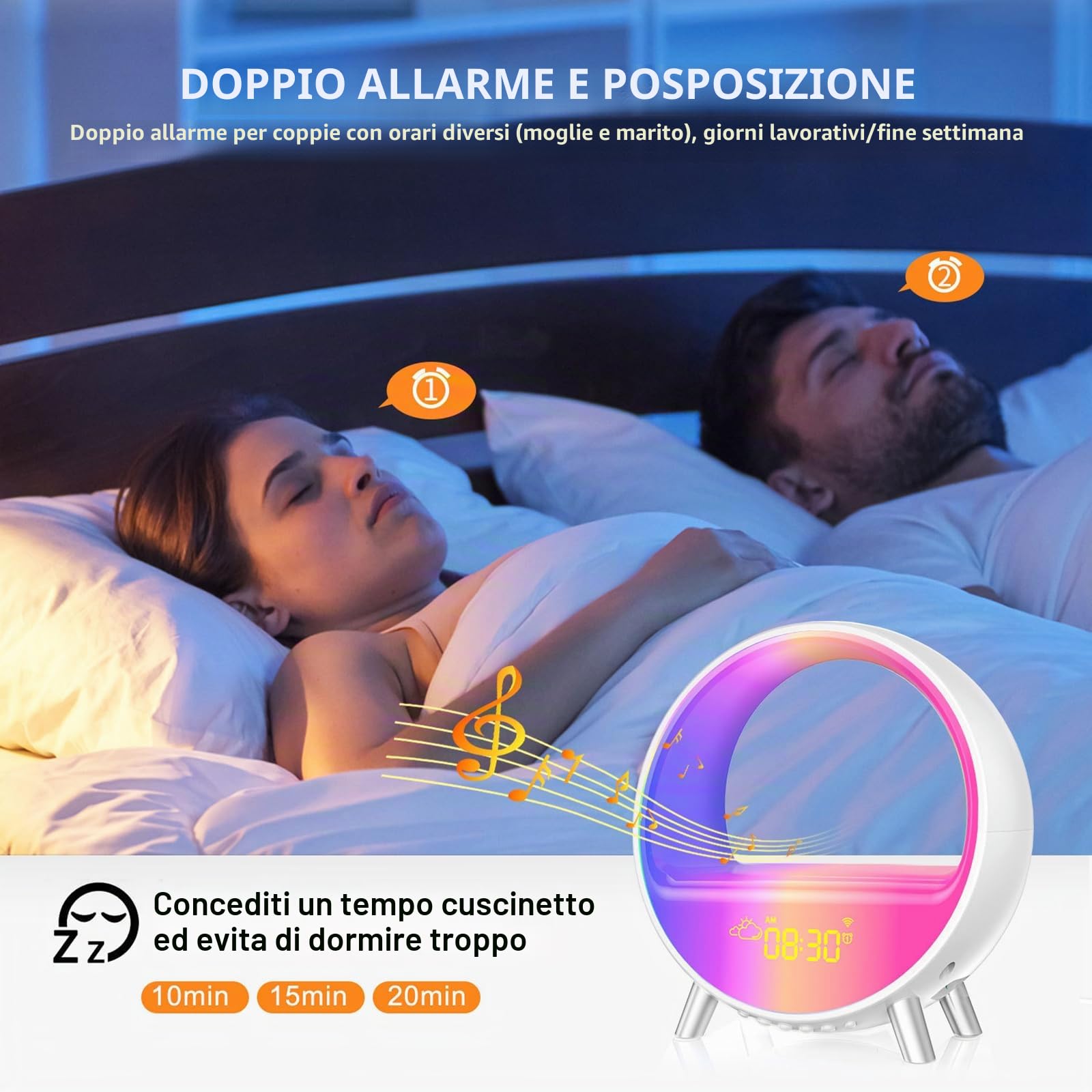 Sveglia intelligente con ricarica wireless, 9 modalità di illuminazione e 7 suoni naturali, sveglia con modalità snooze, altoparlante Bluetooth, luce notturna a LED e lampada ritmica