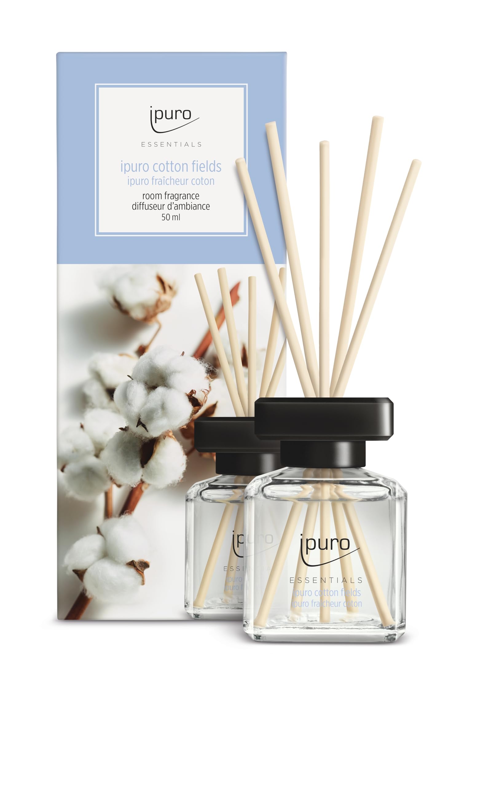 ipuro - Essentials Raumduft Cotton Fields 50ml | Raumerfrischer mit Sternanis, Vanilleblume & Geranie, Rose, Veilchen, Zedernholz Duft Aroma | Diffuser mit Stäbchen | Lufterfrischer für die Wohnung