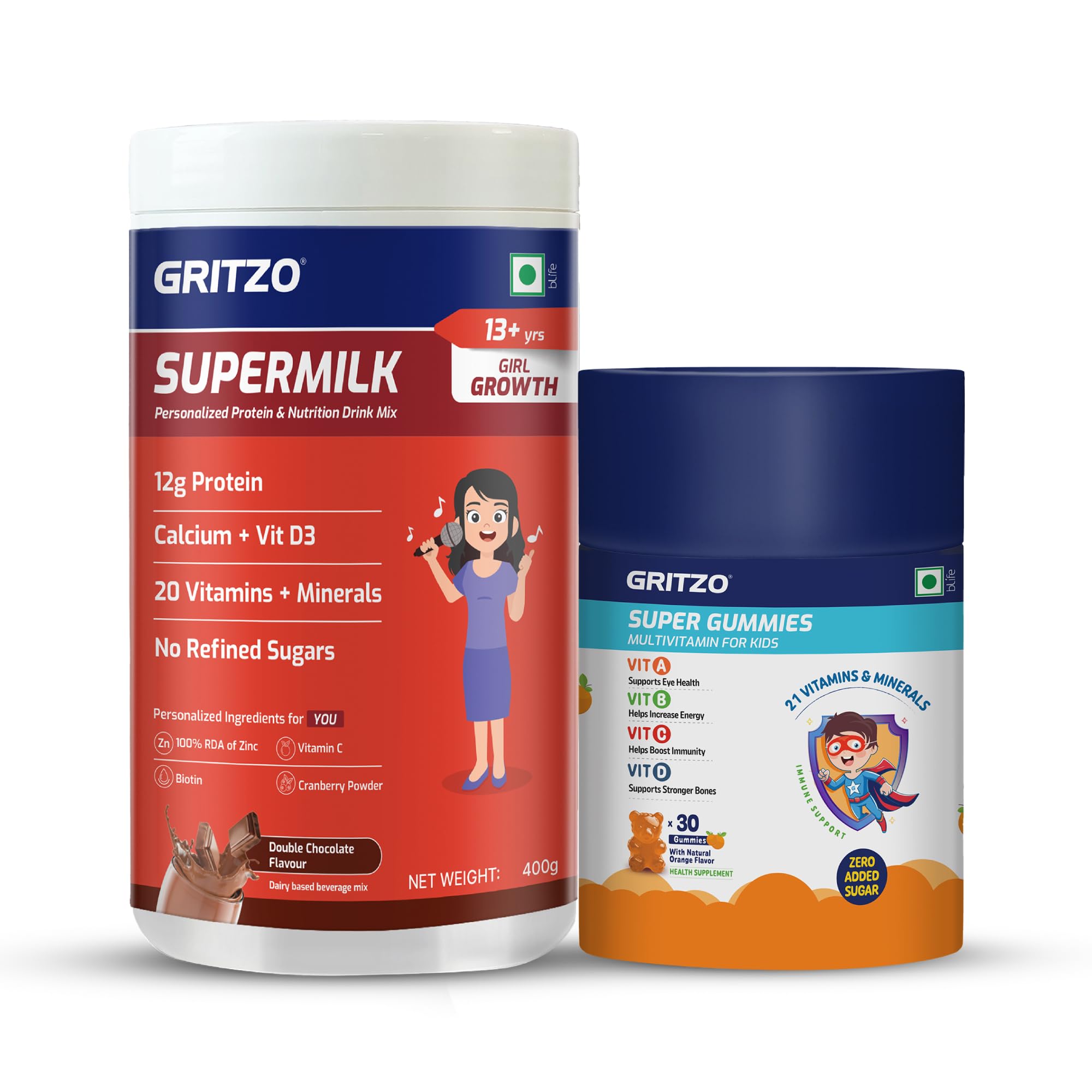 Gritzo SuperMilk Overall Growth (13+y Girls), 12g Protein (Double Chocolate, 400g) | Zero Refined Sugar, 21 Vitamins & Minerals with Super Gummies (Natural Orange Flavour, 30 Gummies)-image-17