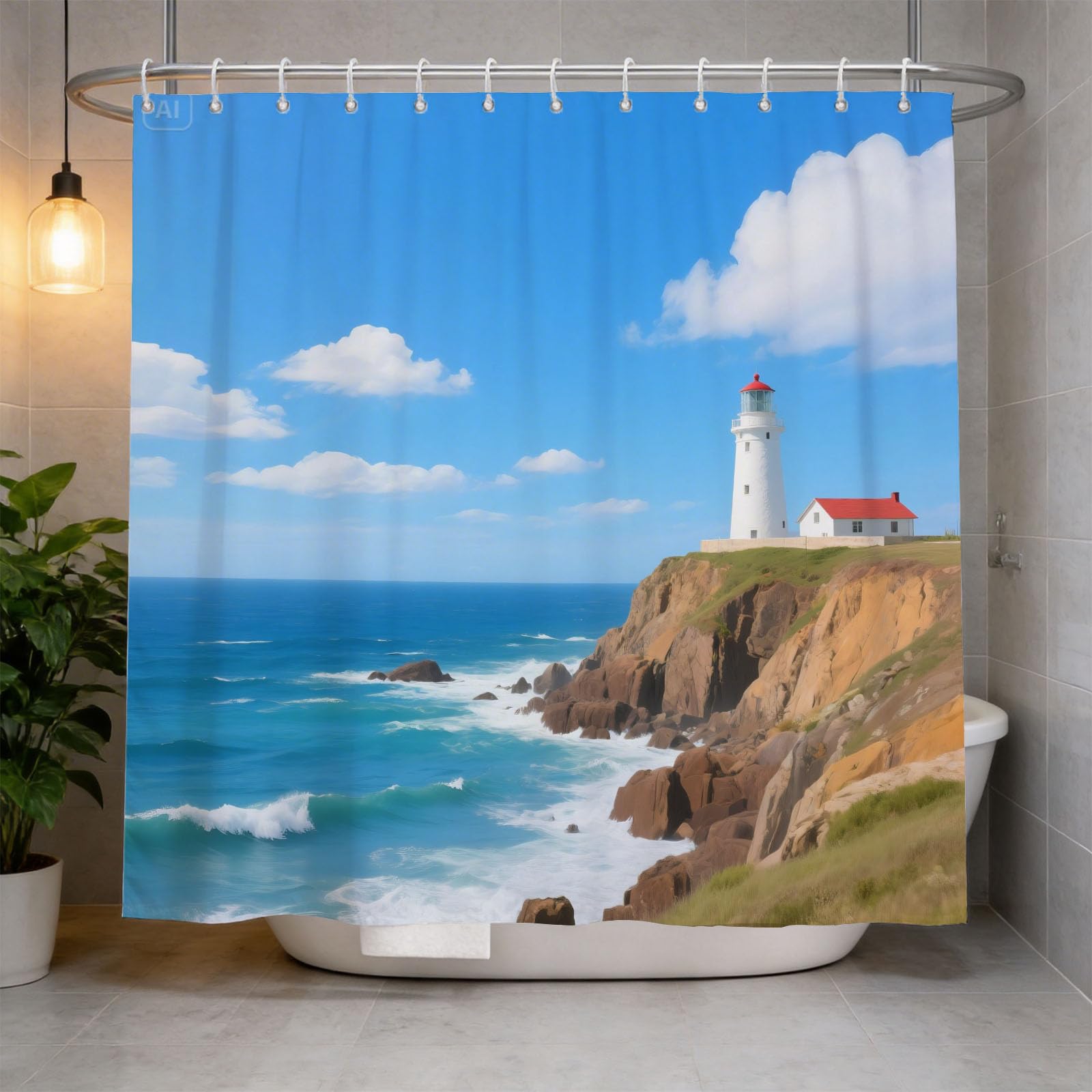 Hongduo 3D Coastal Lighthouse Shower Curtain for Stalls Bathtubs Nature Scene Bathroom Decor Shower Curtain Set Polyester Fabric Waterproof 200x200cm/79X79 Inch with Hooks