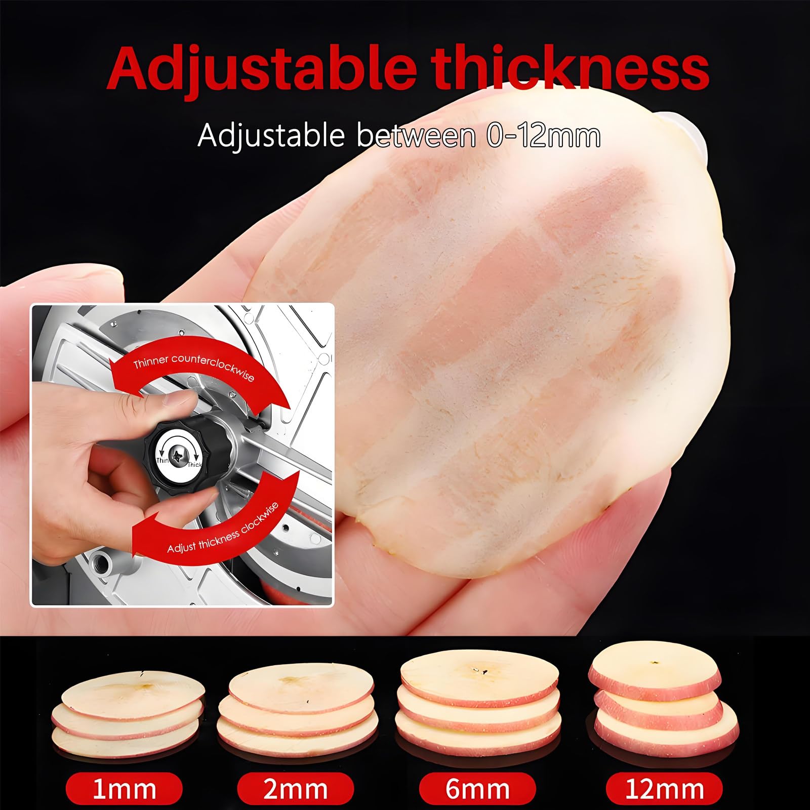 Affettatrice commerciale in acciaio inox, spessore regolabile da 0 a 12 mm, lame durevoli per frutta e verdura dura, cucina domestica