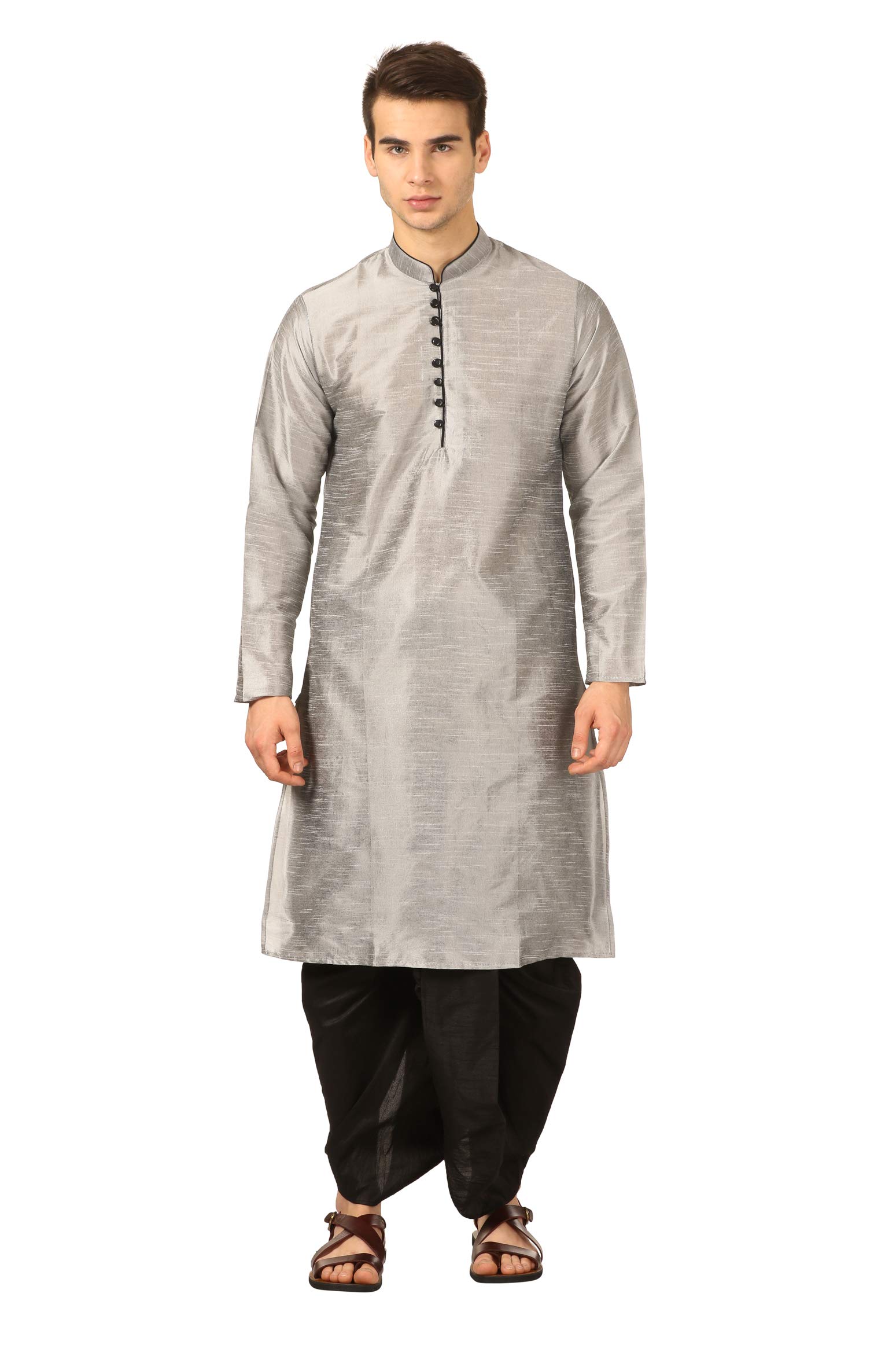 royal kurta Men's Regular Fit Silk Blend Dhoti Kurta Set (Silver)-picture-25