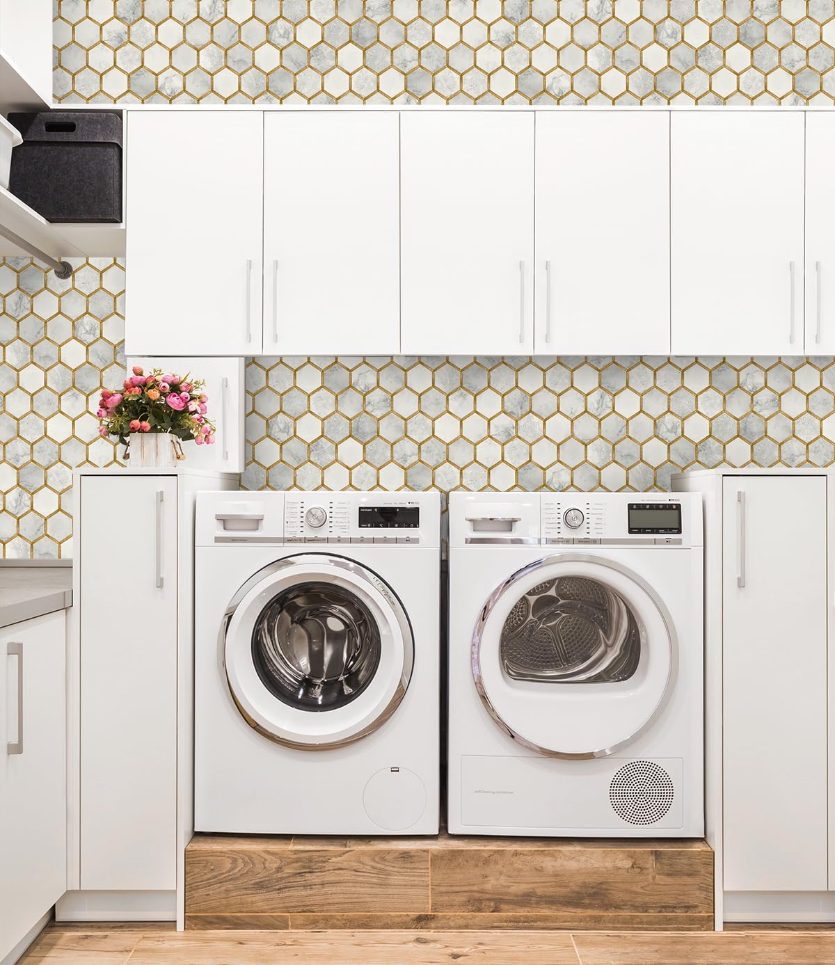 NextWall Faux Hex Tile Prepasted Wallpaper (Alaska Grey & Metallic Gold)