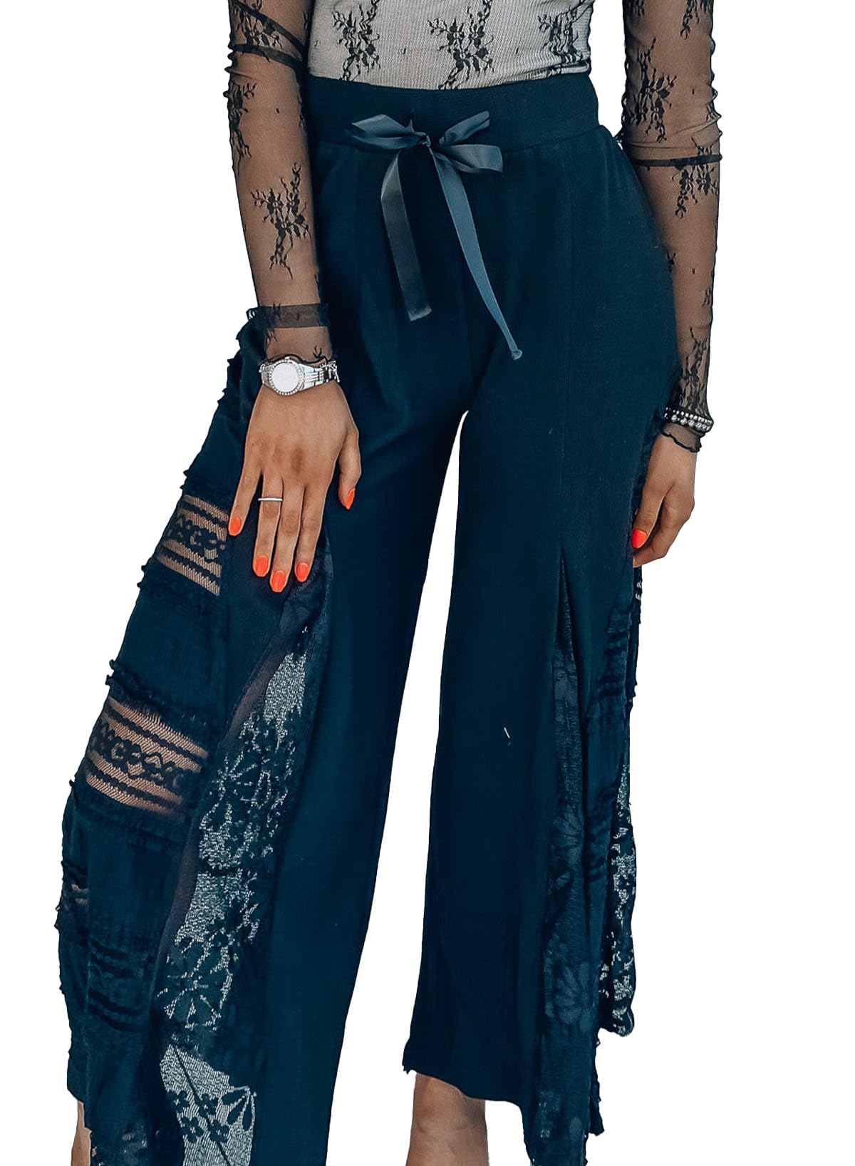 Melliflo Womens Boho Lace Patchwork Wide Leg High Waist Flowy Pants 2025 Summer Casual Loose Lounge Pants