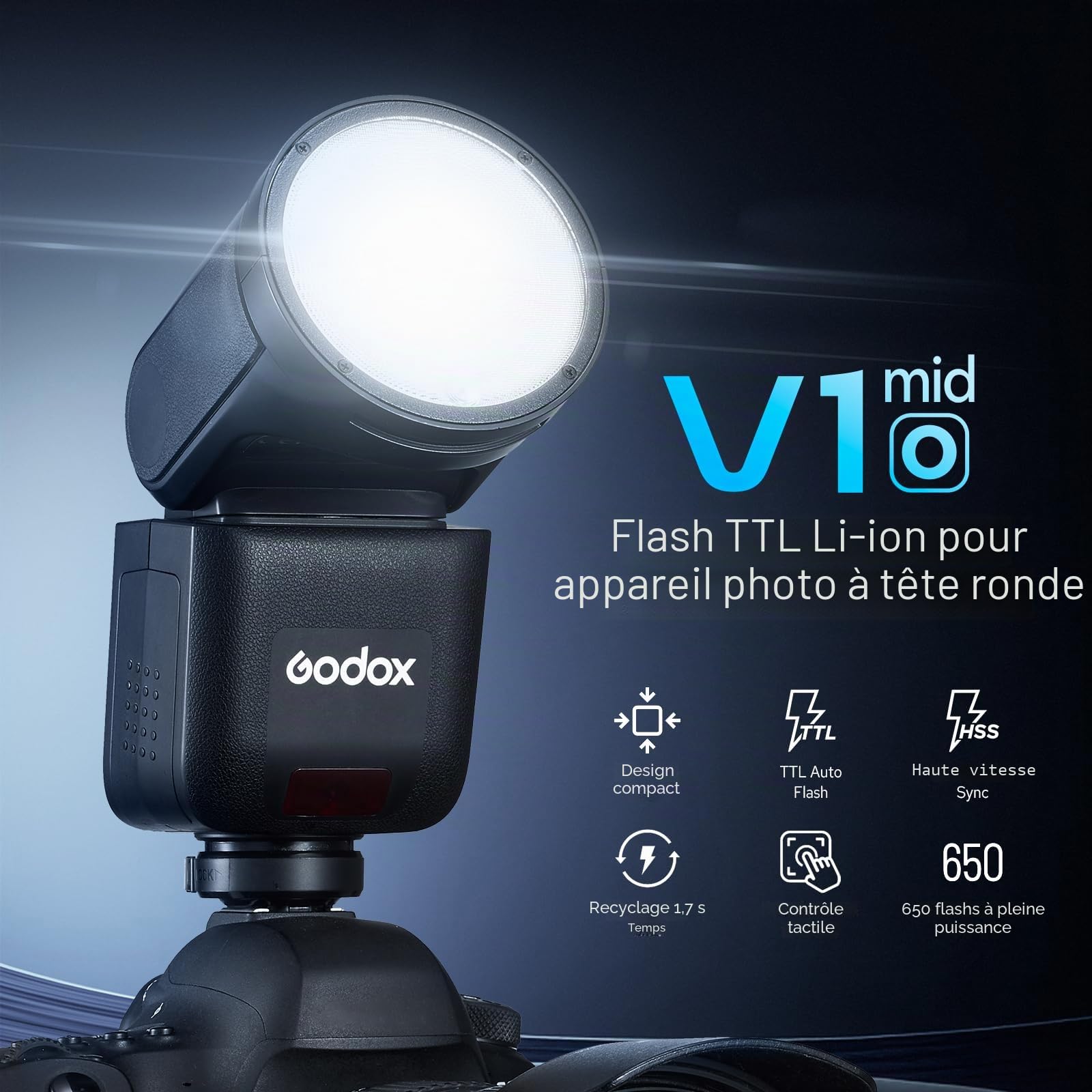 Godox V1 Mid O Flash pour Olympus, 55Ws 2.4G TTL Tête Ronde Flash pour Appareil Photo Panasonic HSS 1/8000s, 650 Flashes à Pleine Puissance, Commande par écran Tactile, Lampe Pilote LED à 10 Niveaux