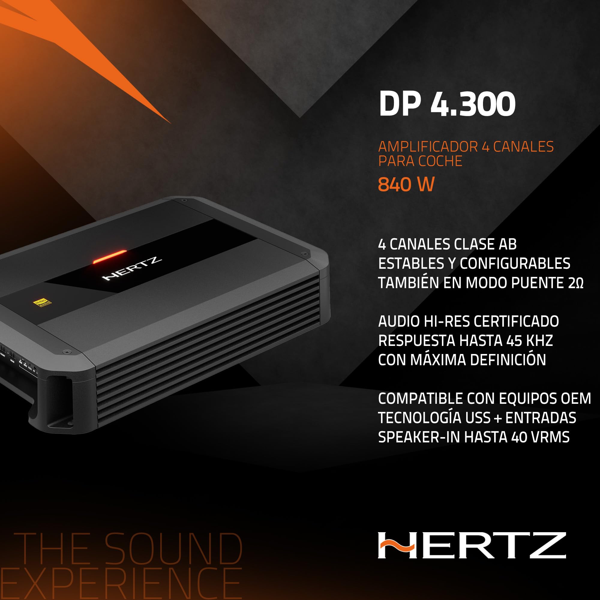 Hertz Dieci Power DP 4.300 Amplificador de 4 Canales 4x105 W a 2 Ohm | clase AB, THD 0,015%, S/N 100 dB, filtro ajustable, entradas de alto y bajo nivel, bass boost ajustable