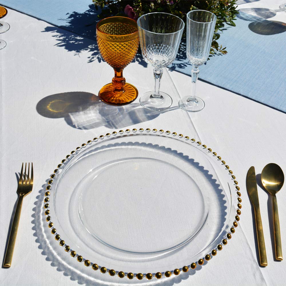 EME Pack Bajoplatos Presentación Perlas Oro Dorado en Vidrio Transparente con un Bonito Detalle de Perlas en Oro Dorado por todo el borde. 33 cm diámetro. Incluye 6 Unidades.