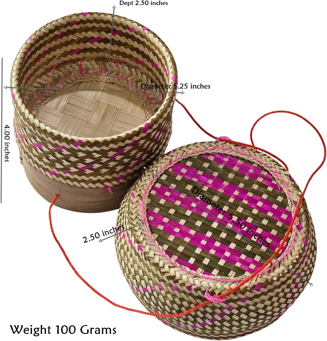 Colorful Bamboo Sticky Rice Basket with Lid & Carry String | Handwoven Thai Lao Rice Container | Cultural Kitchen Decor.
