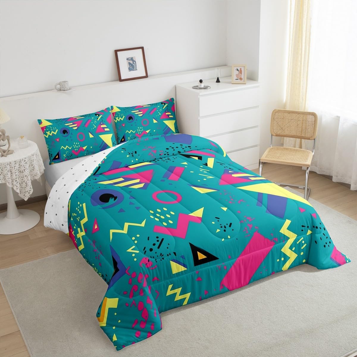 80s 90S Fashion Style Comforter Set Queen Size,Retro Memphis Style Pattern with Geometrical Shapes Bedding Set for Kids Child,Funky Hipster Old Fashioned Duvet Insert Geometric Bedroom Decor