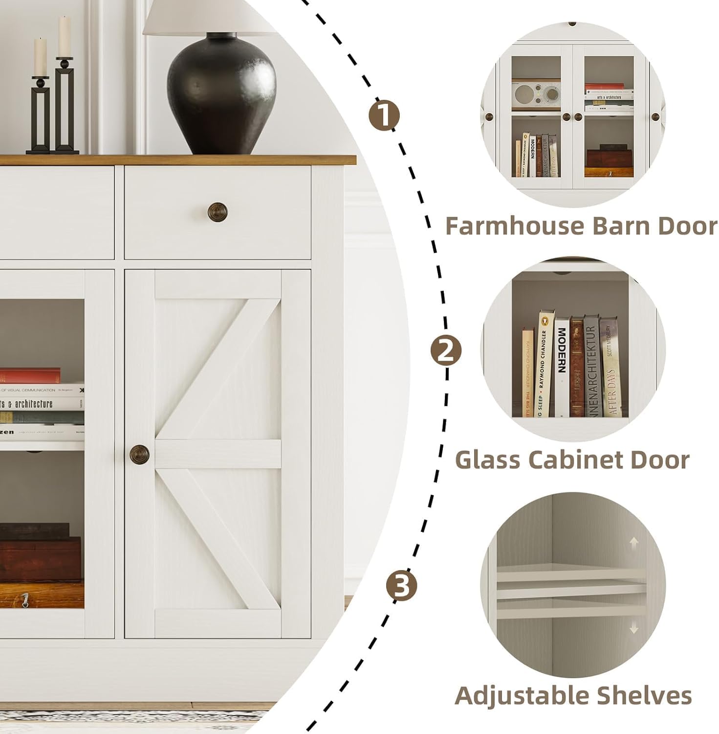 Cabinet tabletop and open drawers showing storage