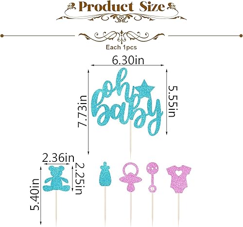Miniatura 3 de Oh Baby - Juego de decoración para tartas con purpurina, decoración de baby shower azul y rosa con botella de oso, sonajero, chupete, decoración