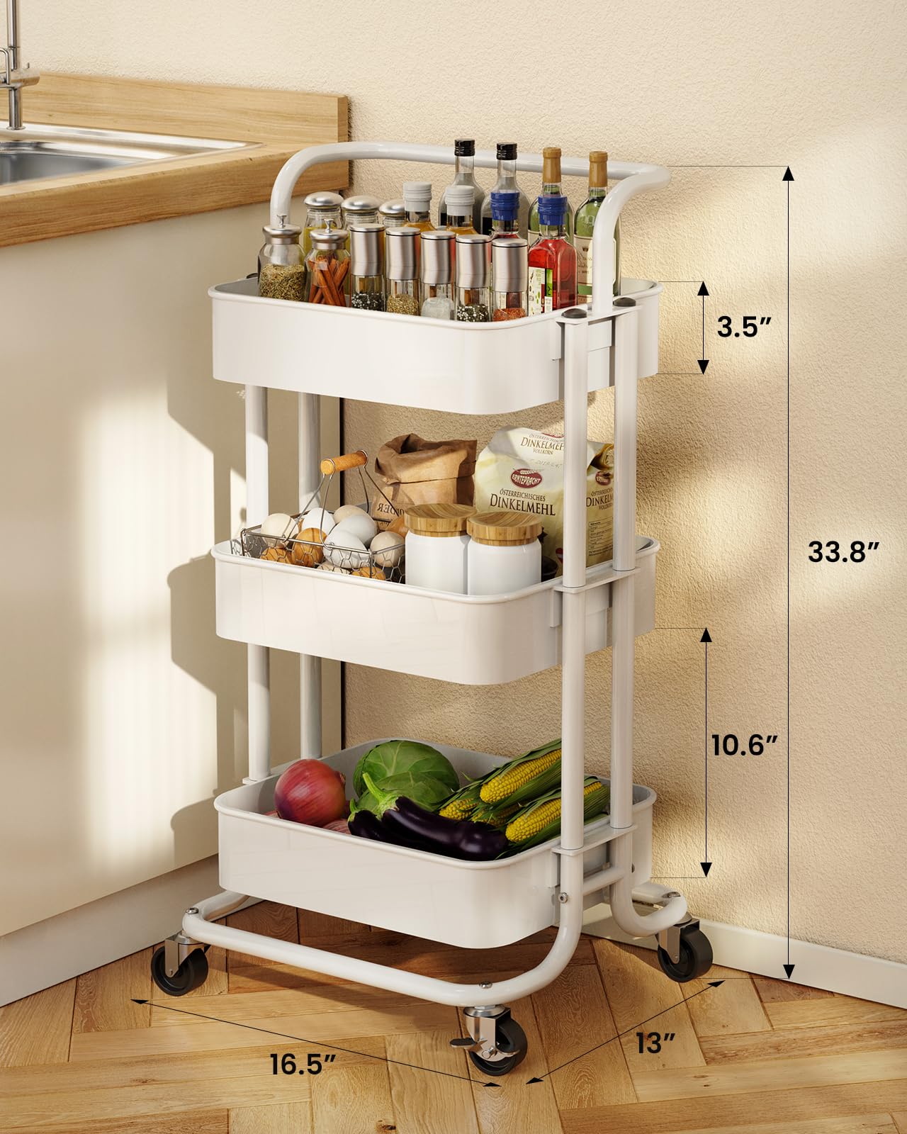 Pipishell - Carrello multiuso a 3 ripiani, in metallo, con 2 ruote bloccabili per ufficio, casa, cucina, camera da letto, bagno, lavanderia, colore: bianco