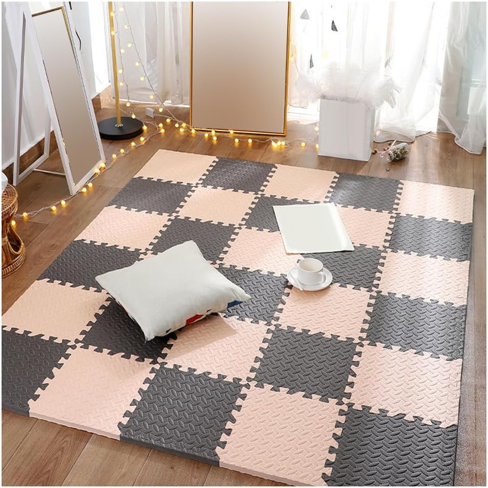 32 Pcs 1-Inch Thick EVA Interlocking Foam Puzzle Mats – Soft Non-Slip Gym Exercise Floor Mats (12×12 in) with Removable Borders for Playroom & Home – Beige + Brown