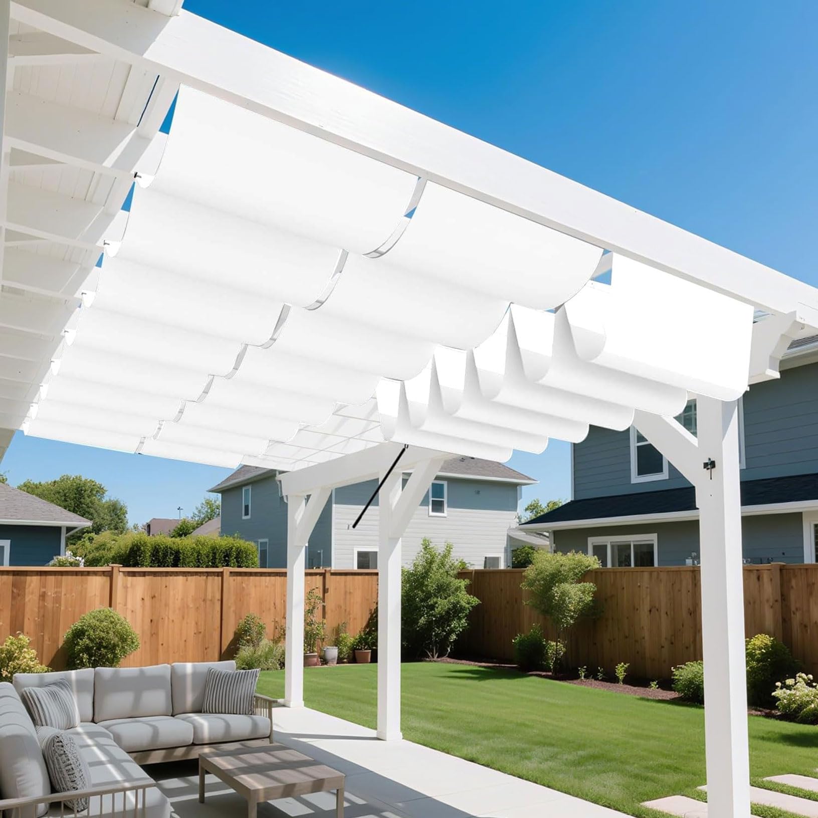 Voile d'ombrage coulissant 6x9m blanc imperméable avec œillets pour terrasse et jardin