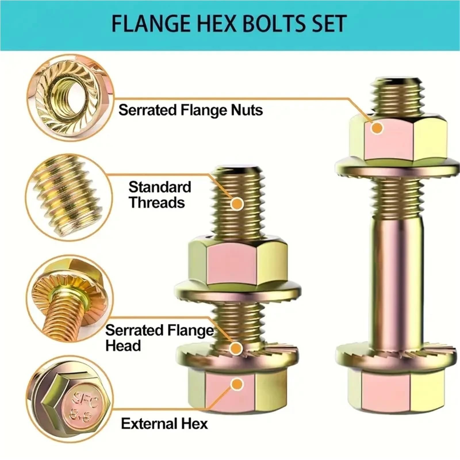 Kit de montaje perno y tuerca brida acero al carbono 521 - Tornillos dentados hexagonales clase 8. for aplicaciones alta resistencia Juego de Tornillos y Tuercas