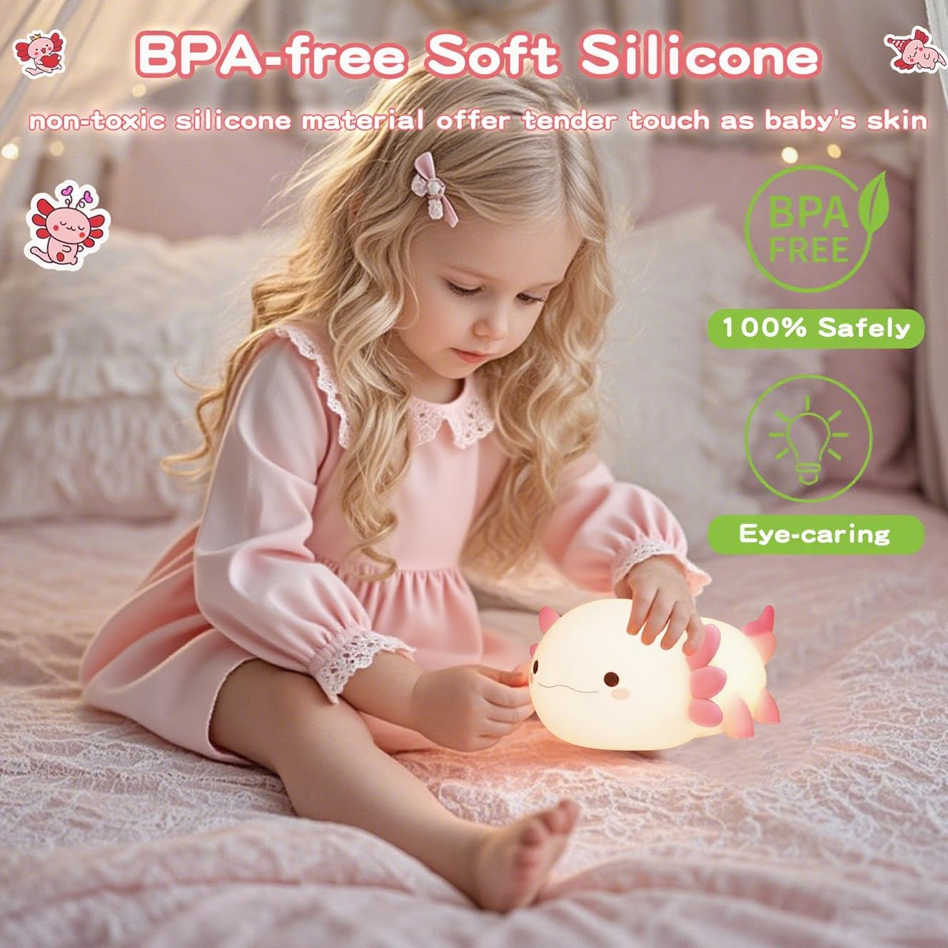 FAMIDUO Luce Notturna Neonato Axolotl Rosa, Silicone Lampada per Bambini Notturna Dimmerabile, Controllo Touch, LED Ricaricabile USB Luce Notturna Bambini, Regalo per bambina