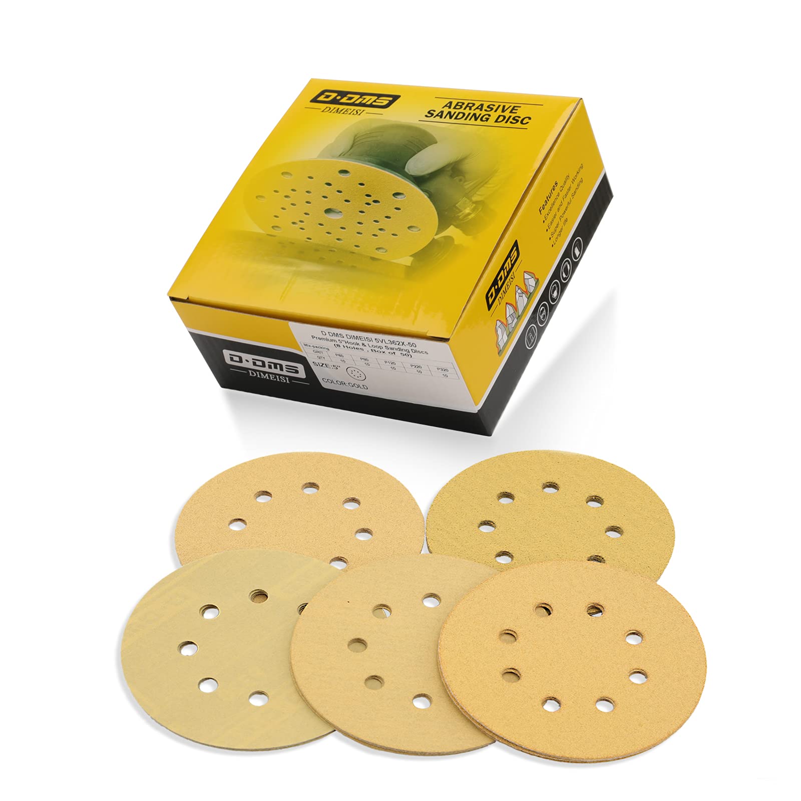 D DMS DEMEISI - 10 Each of Grit (60 80 120 220 320) - 5 Inch 8 Hole Hook and Loop Sanding Discs, 50PCS Gold Orbital Sander Sandpaper, Sharp Cutting and More Durable