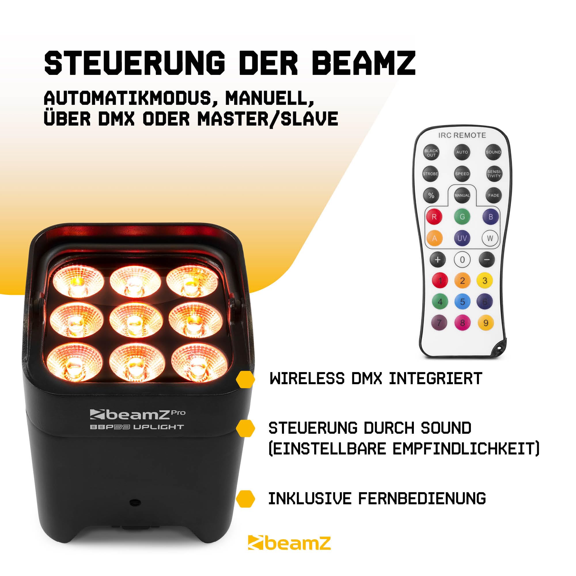 BeamZ Pro BBP59 - Wetterfestes Akku Uplight, 6er Set, 9x12W RGBWA-UV LED, WDMX - Kabelloser Partylicht Strahler für Events Outdoor, DMX Spot Akku Bodenstrahler, LED PAR, Musikgesteuert