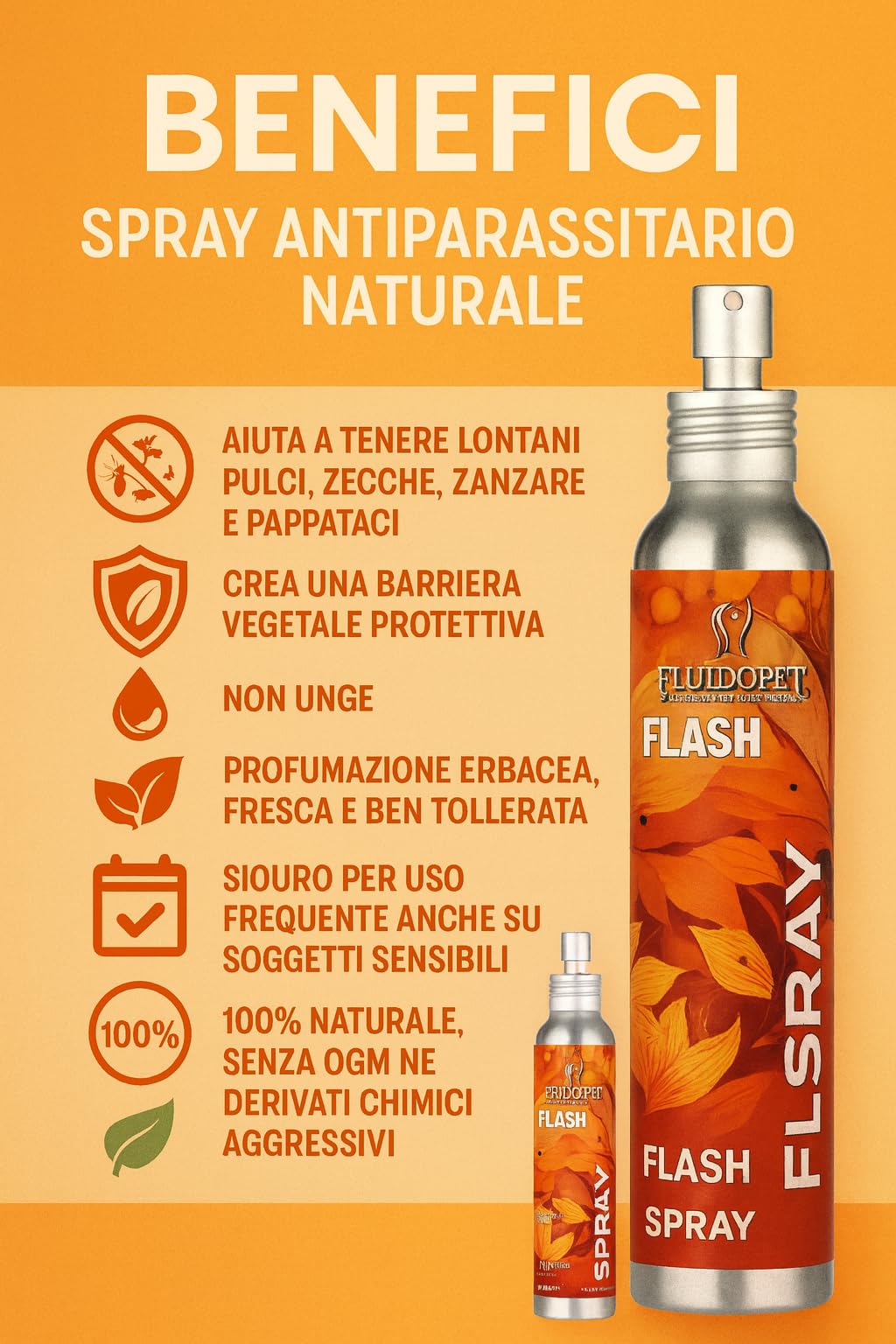 FLASH | Spray Naturale per Cani e Gatti – Oli Essenziali – Profumo Sgradito agli Insetti – Da utilizzare prima della passeggiata o di incontro con altri animali – 150ml FA76