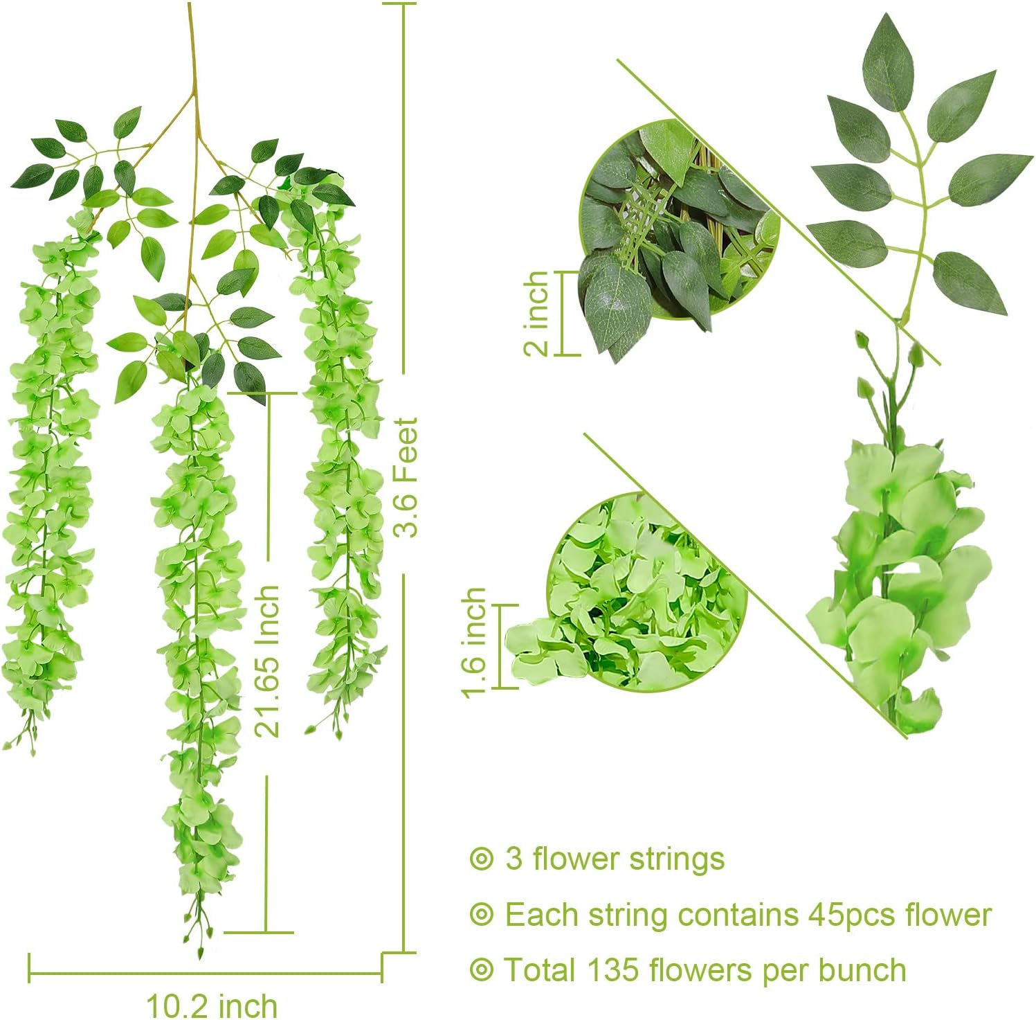 U'Artlines 36 Pack (Total 139 Feet) Artificial Fake Wisteria Vine Rattan Hanging Garland Silk Flowers String Home Party Wedding Decor (36, Green)