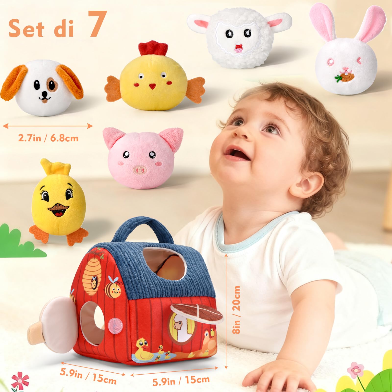 Loyzico Giochi Bambini 1 Anno 6 9 12 Mesi, Montessori Gioco Neonato Fattoria, Fienile e 6 Animali della Fattoria in Peluche, Sonaglio e Specchio-Regalo Bimbo Bimba 1 Anno Bambino