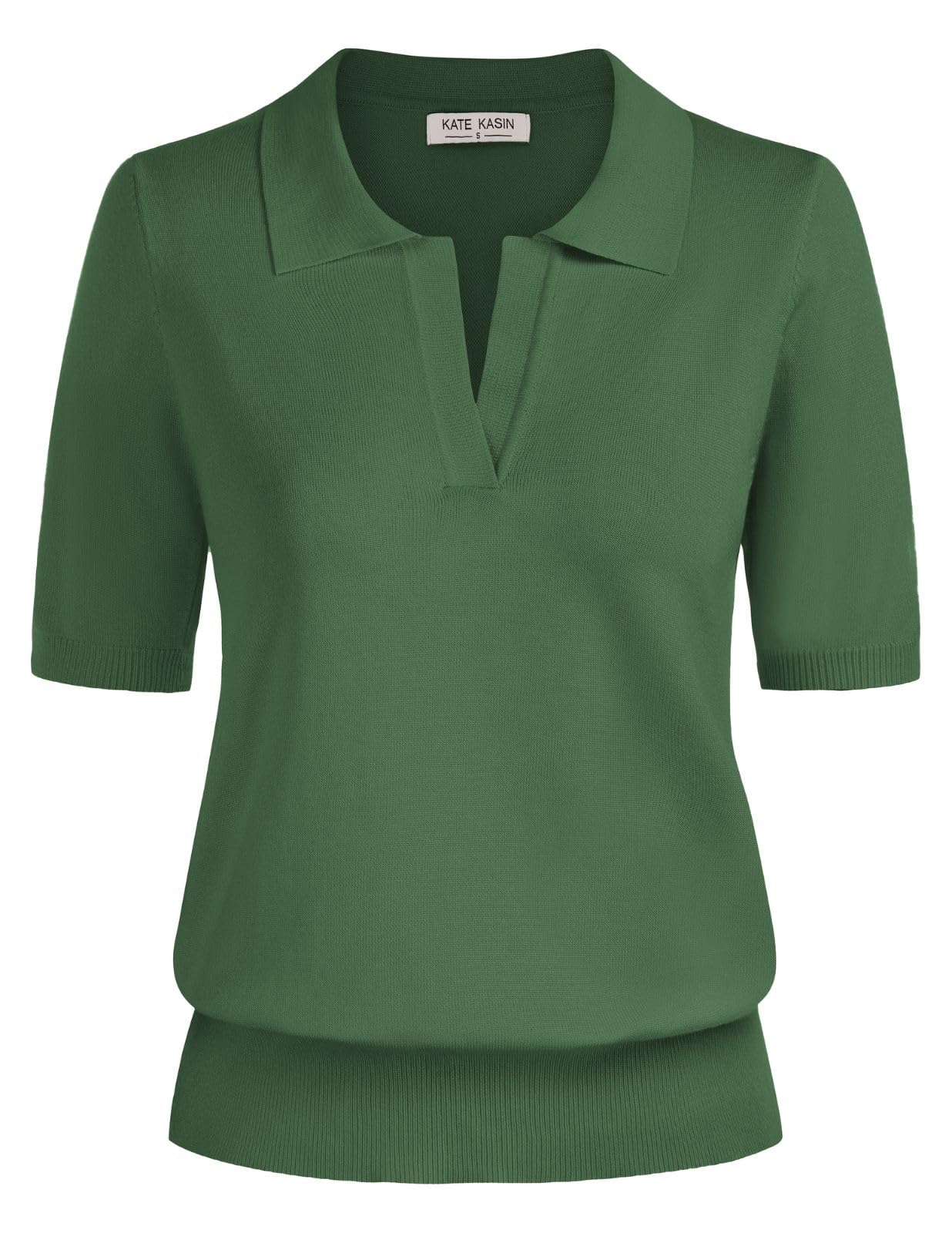 Kate Kasin Women Short Sleeve Polo Sweater V Neck Knitted Tops Casual Ribbed Shirt Loose Pullover Sweater