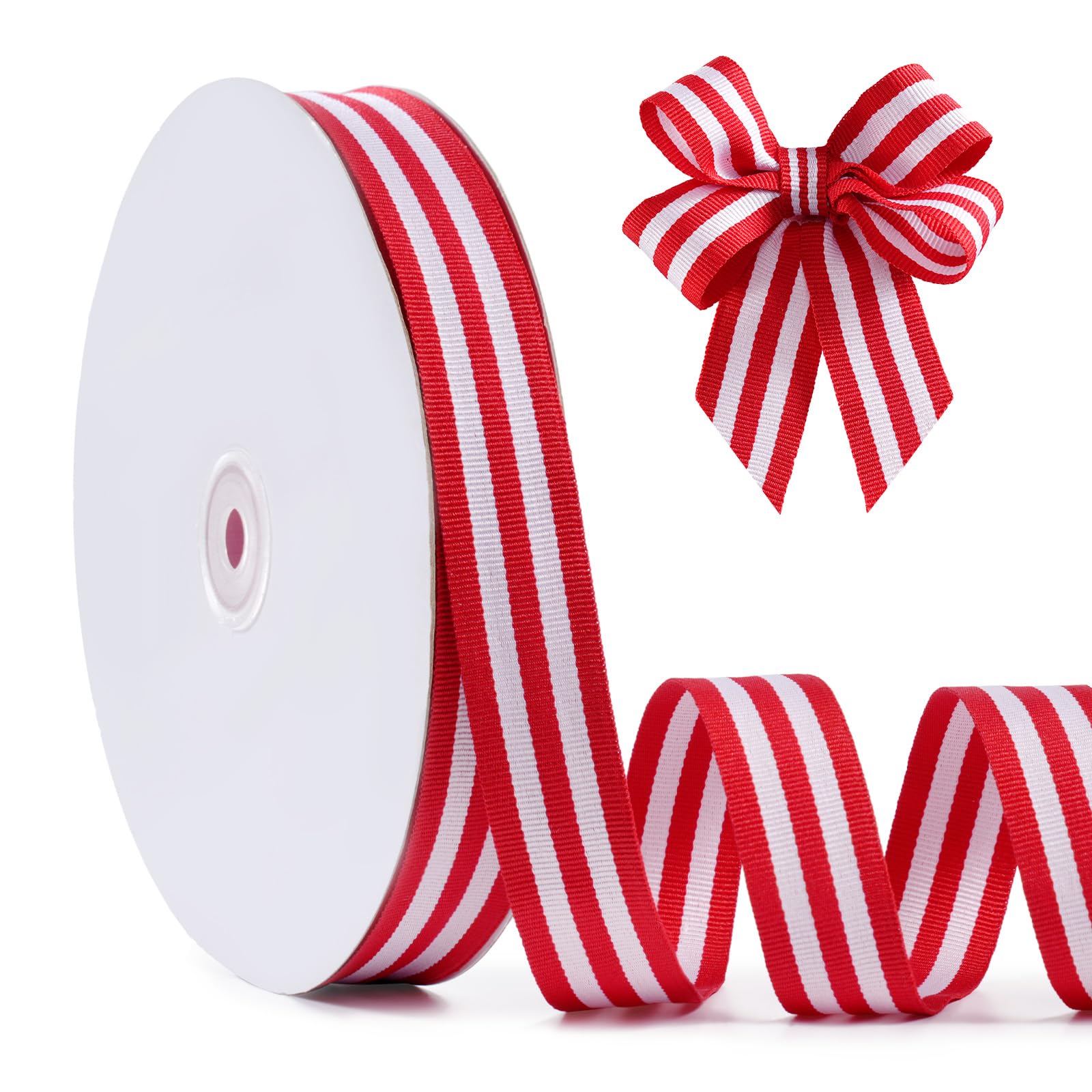 FAKILO Red and White Striped Grosgrain Ribbon, 1" x 50yds, Double Sided Wired Patriotic Ribbon for American Crafts, Cheerleading Decorations, Independence Day, Christmas Decorations