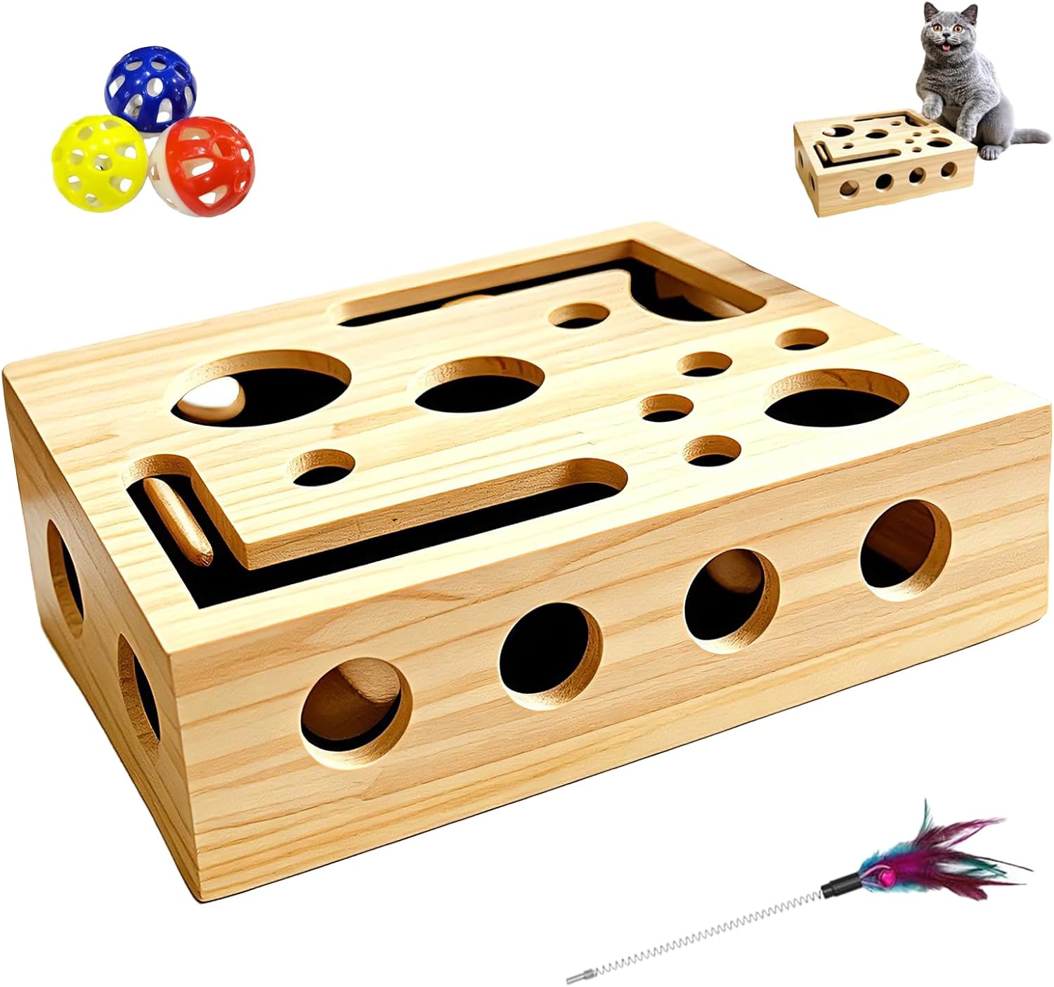 Rufftopia Cat Claw Saver, Wooden Cat Nail File Scratcher Box with Interactive Maze, Bell Ball & Toy Wand for Indoor Cats, Stress-Free Feline Claw Care Alternative (1pCS)