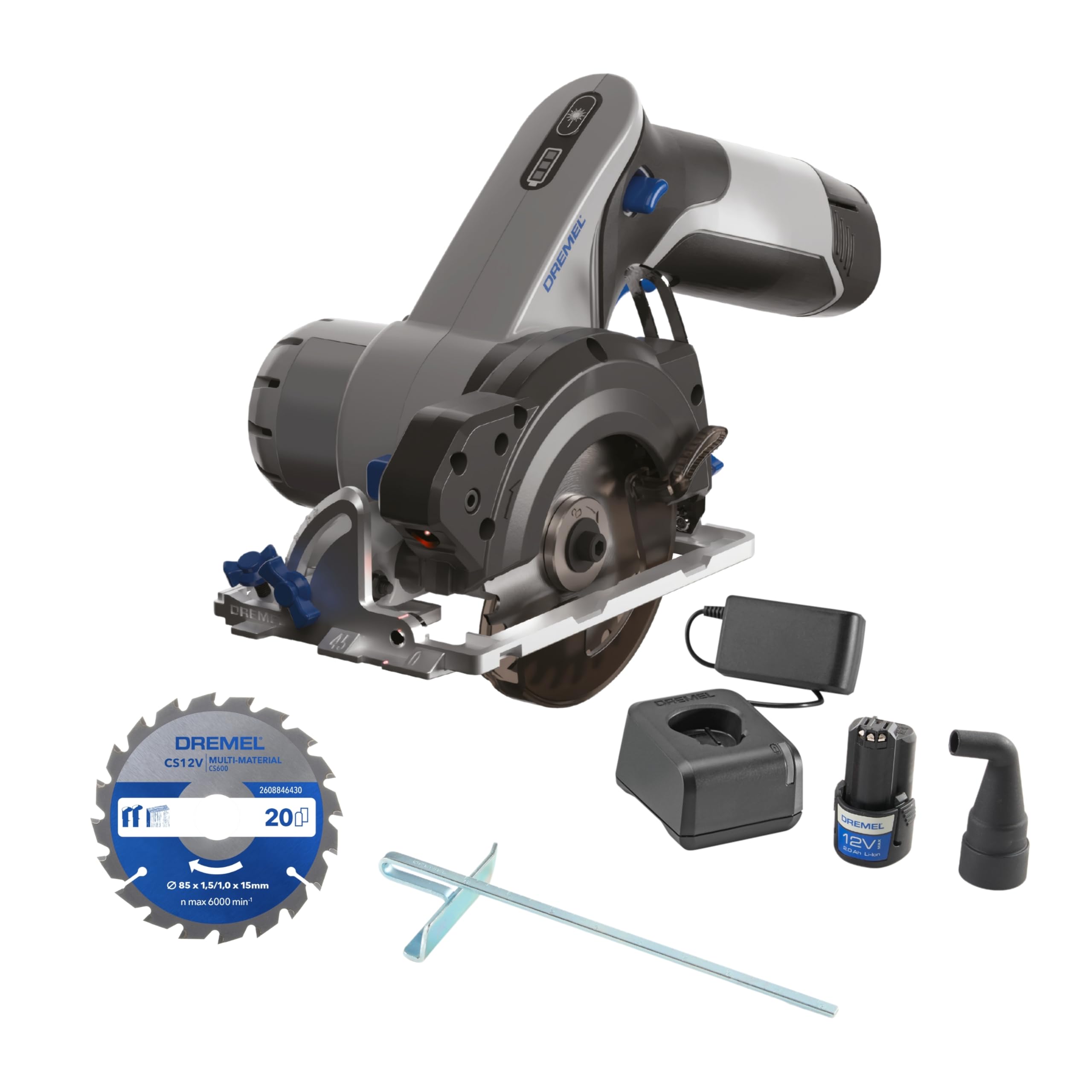 Dremel Blueprint CS12V-S1 akumulatorowa piła tarczowa z silnikiem bezszczotkowym z laserową prowadnicą liniową, prowadnica do cięcia ukośnego, 1 wielomateriałowa piła tarczowa, 1 akumulator 2,0 Ah +