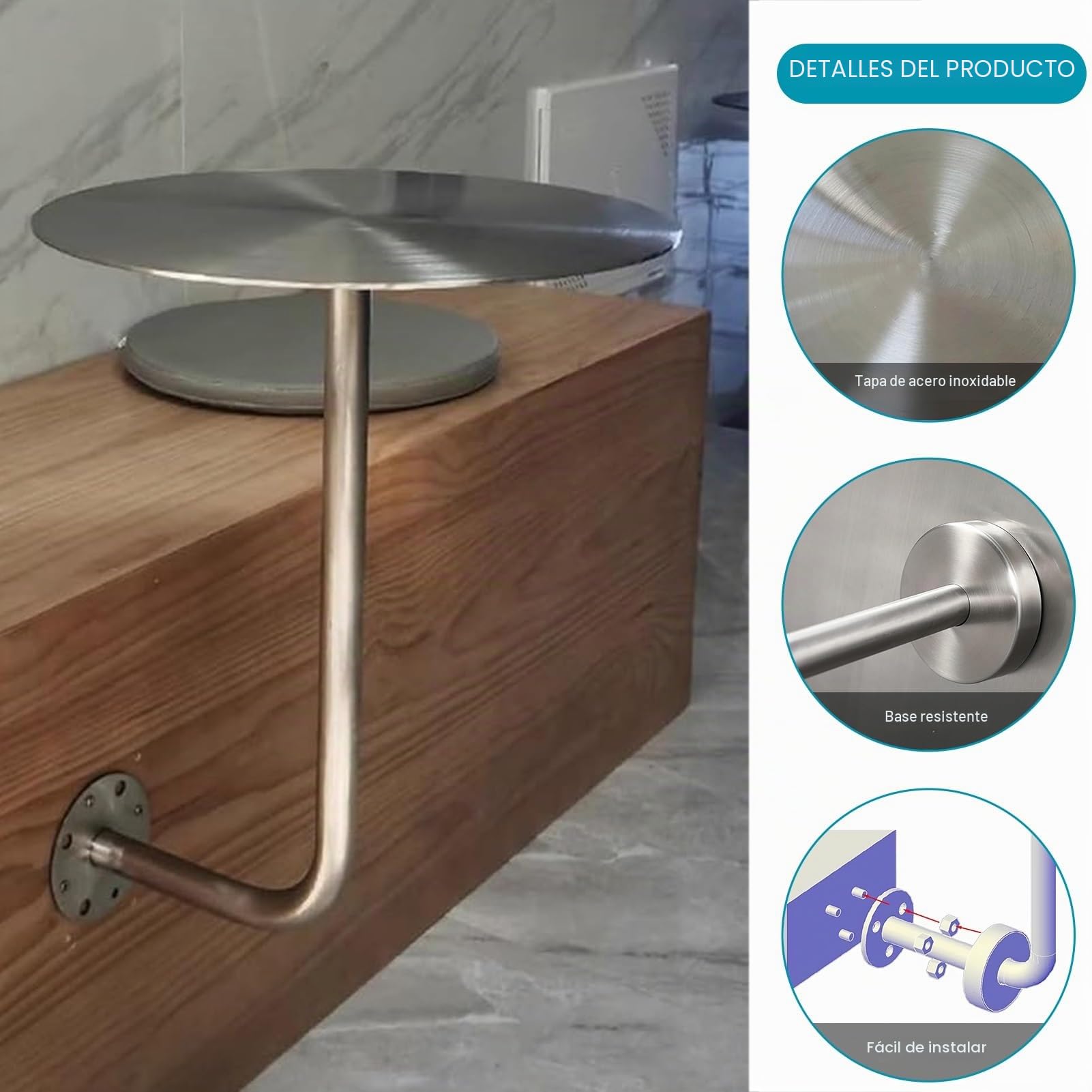 Mesa de bar redonda de acero inoxidable plateado en forma de L, mesa de cóctel pequeña montada en la pared para cocina, comedor, sala de estar, mesa de café para espacios pequeños para jardín/balcón/t