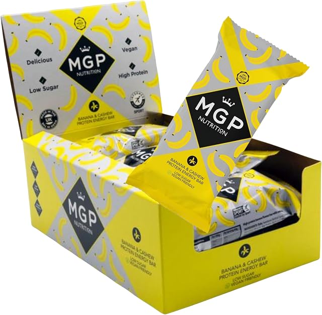 MGP 12 Pack Natural Banana & Cashew Nutritional Energy Bars, High Protein, Low Carb, Vegan Friendly, Dairy & Chocolate Free, Healthy & Delicious Snack Bars, 11g Protein Per bar