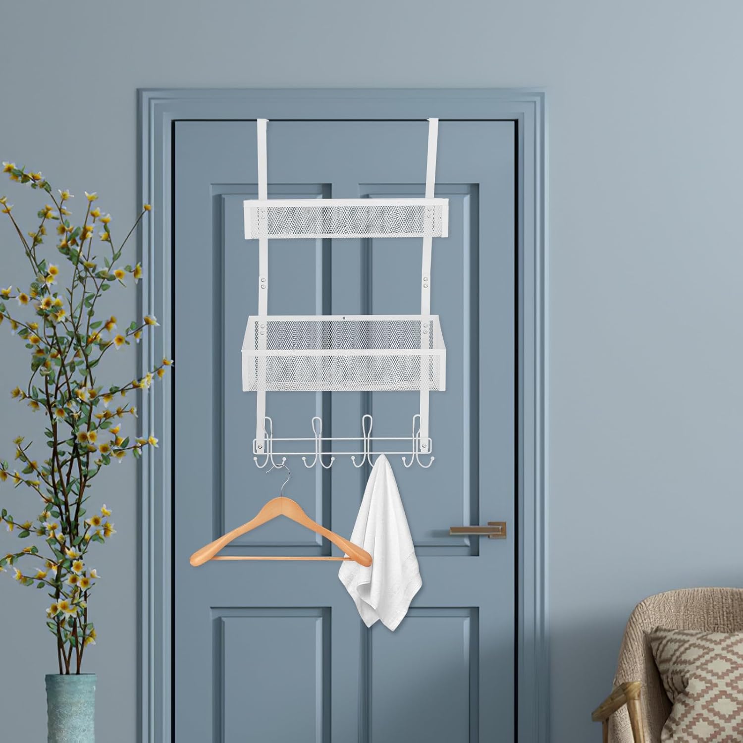 Door Storage Rack with 2 Mesh Baskets and 8 Hooks, Large Capacity Iron Organizer with Fine Workmanship and Simple Design for Kitchen and Home Storage