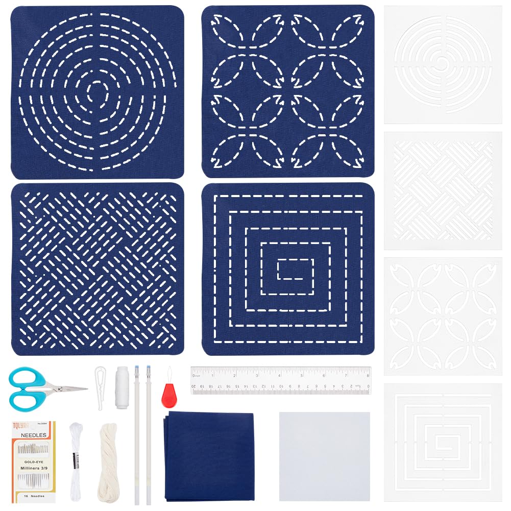 WEBEEDY Sashiko, set da 2 pezzi, decorazione da parete tradizionale giapponese, con modello floreale Sashiko e istruzioni per adulti e principianti (fiori di ciliegio, libellula, stile onde