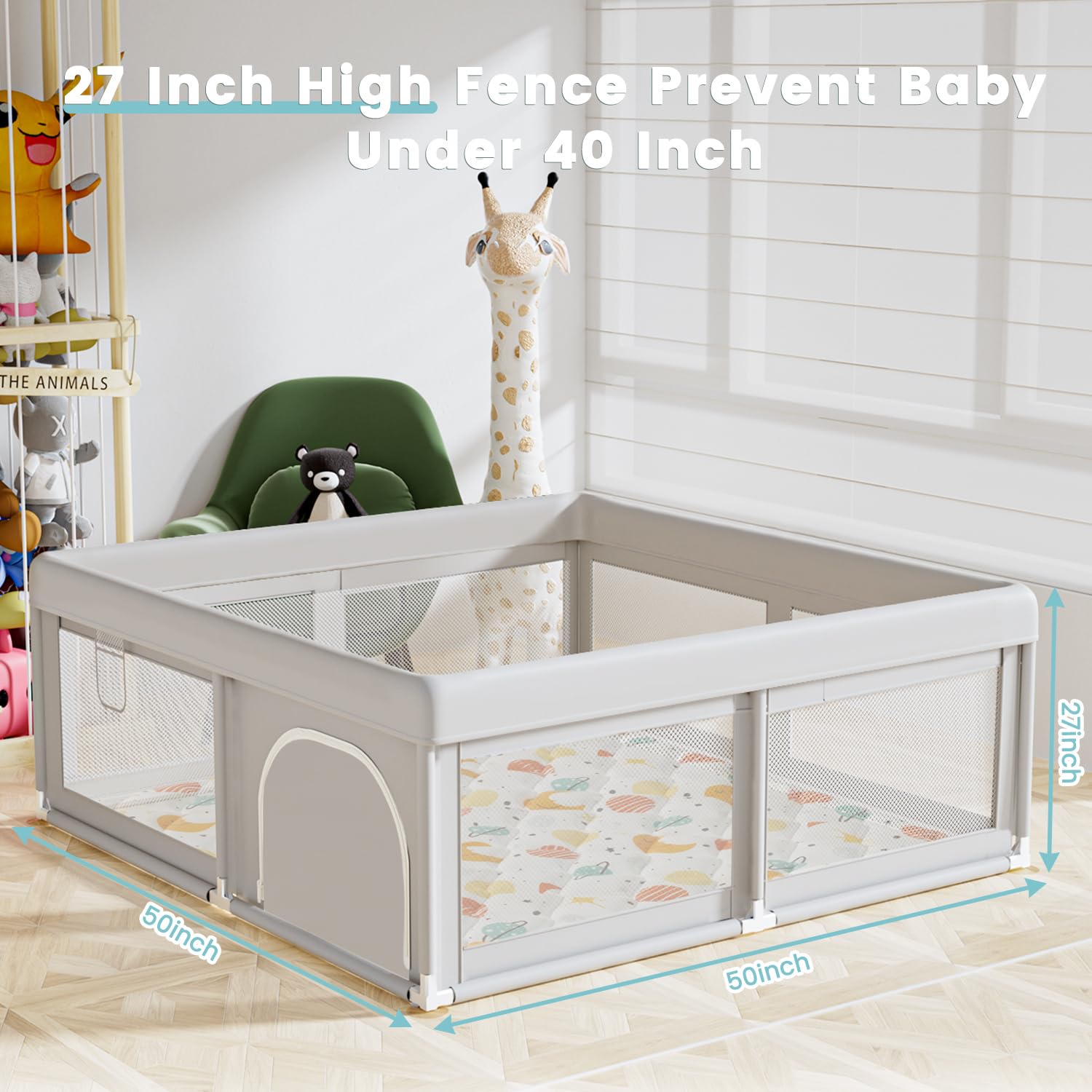 Hiaksedt playpen with dimensions labeled: 50 inches wide, 50 inches deep, and 27 inches high.