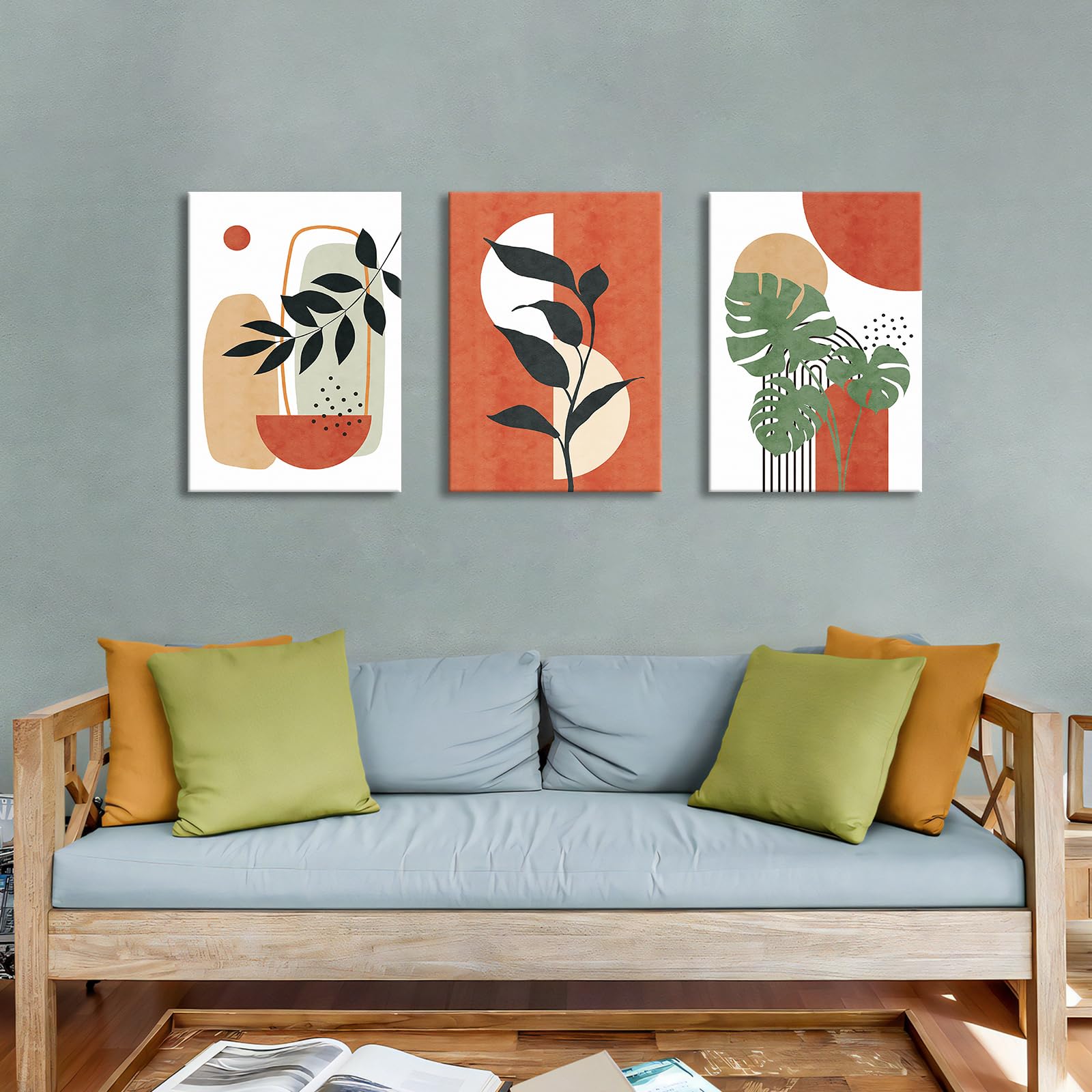 3 Pcs Wooden Framed Canvas Wall Art Set Bohemian Sage Green Canvas Prints Poster Geometric Line Beige Green Pictures for Living Room Bedroom Dinning Room Hallway Stairs Wall Decor 30x40cm x3pcs — view 381