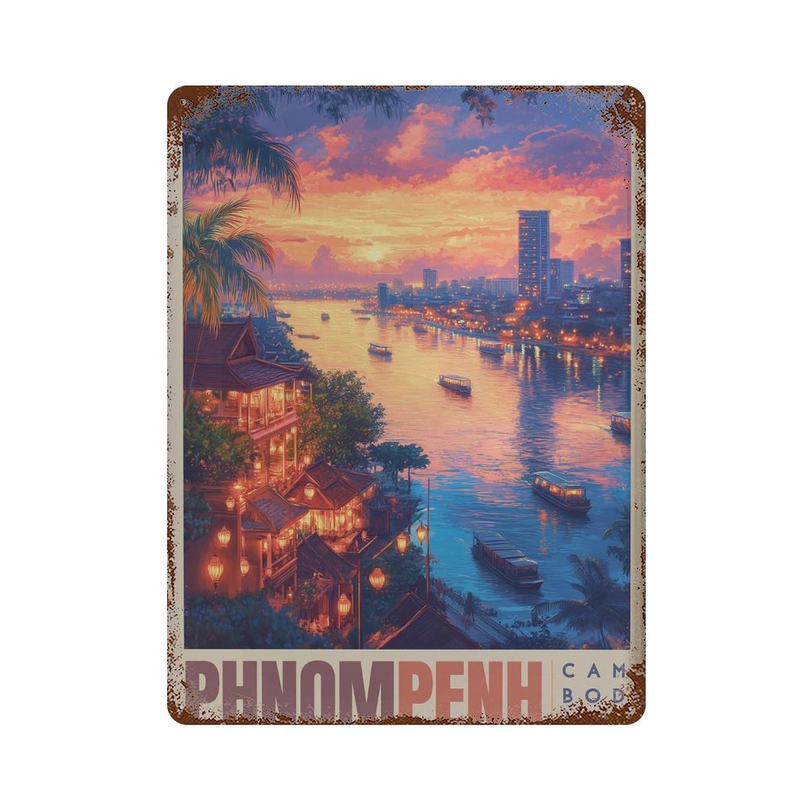 xiaoxiaoshen Phnom Penh Sunset Lanterns And River Scene Wall Decor Art Metal Tin Poster Modern Home Decor Art Home Bar Shop Decorations Vintage Sign 40x30cm