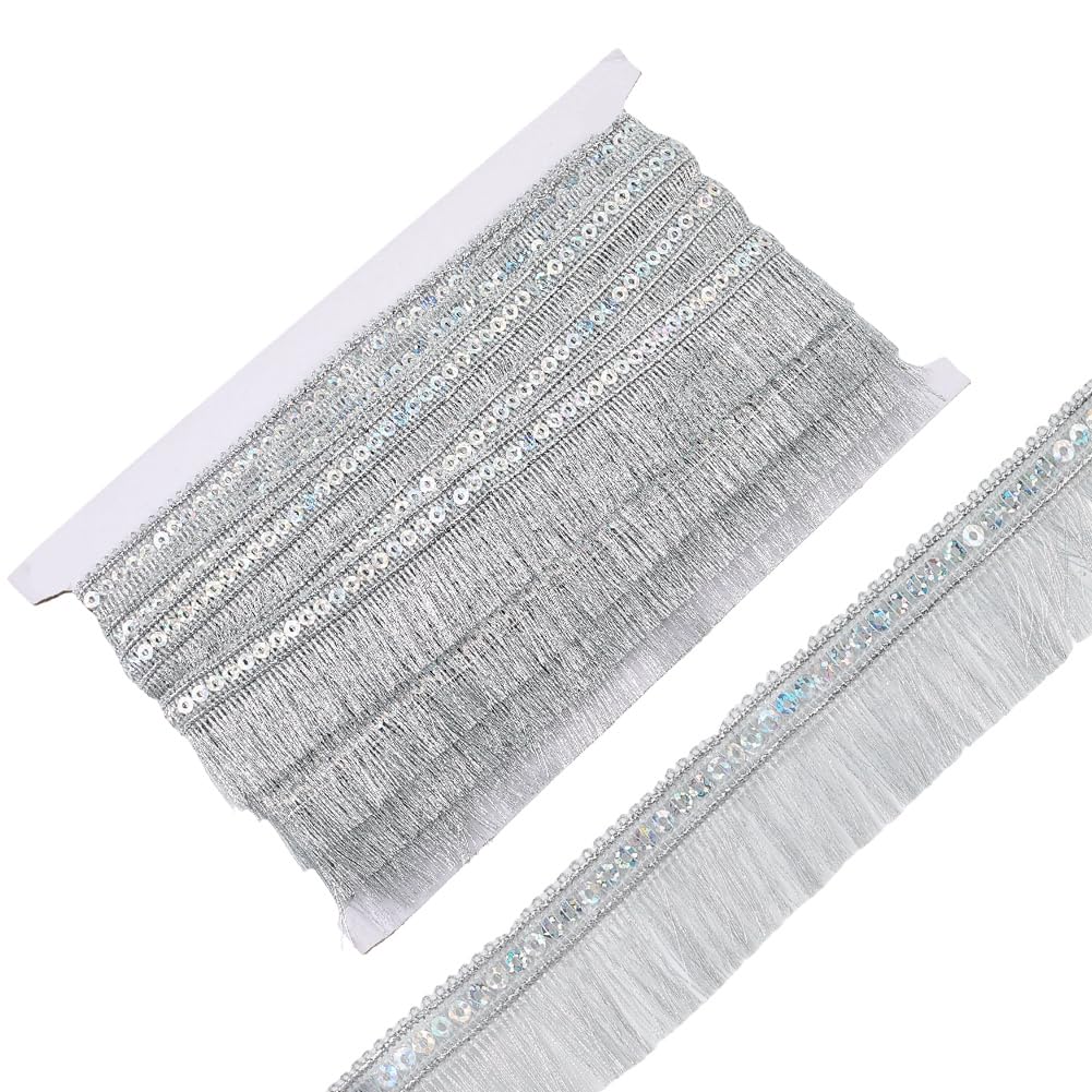 GORGECRAFT 10m Sequin Metallic Fringe Trim 35mm Silver Fringe Tassel Trim Lace Edging Triming Silver Sequins Tassel Ribbon for DIY Sewing Crafts Clothing Curtain Tablecloth Embellishments Home Decor