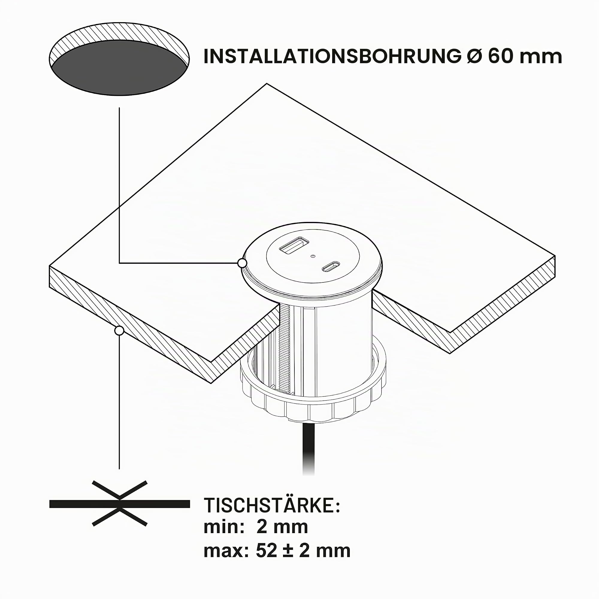 Electraline Tischplatte Grommet Einbausteckdose/Tischsteckdosenleiste/Tischsteckdose mit C Power Delivery zum Laden von Computern + 1 typ A 3.0A Q.C. 3M Kabel, D54-60mm, Schwartz, 2 USB (A+C) P.D. 45W