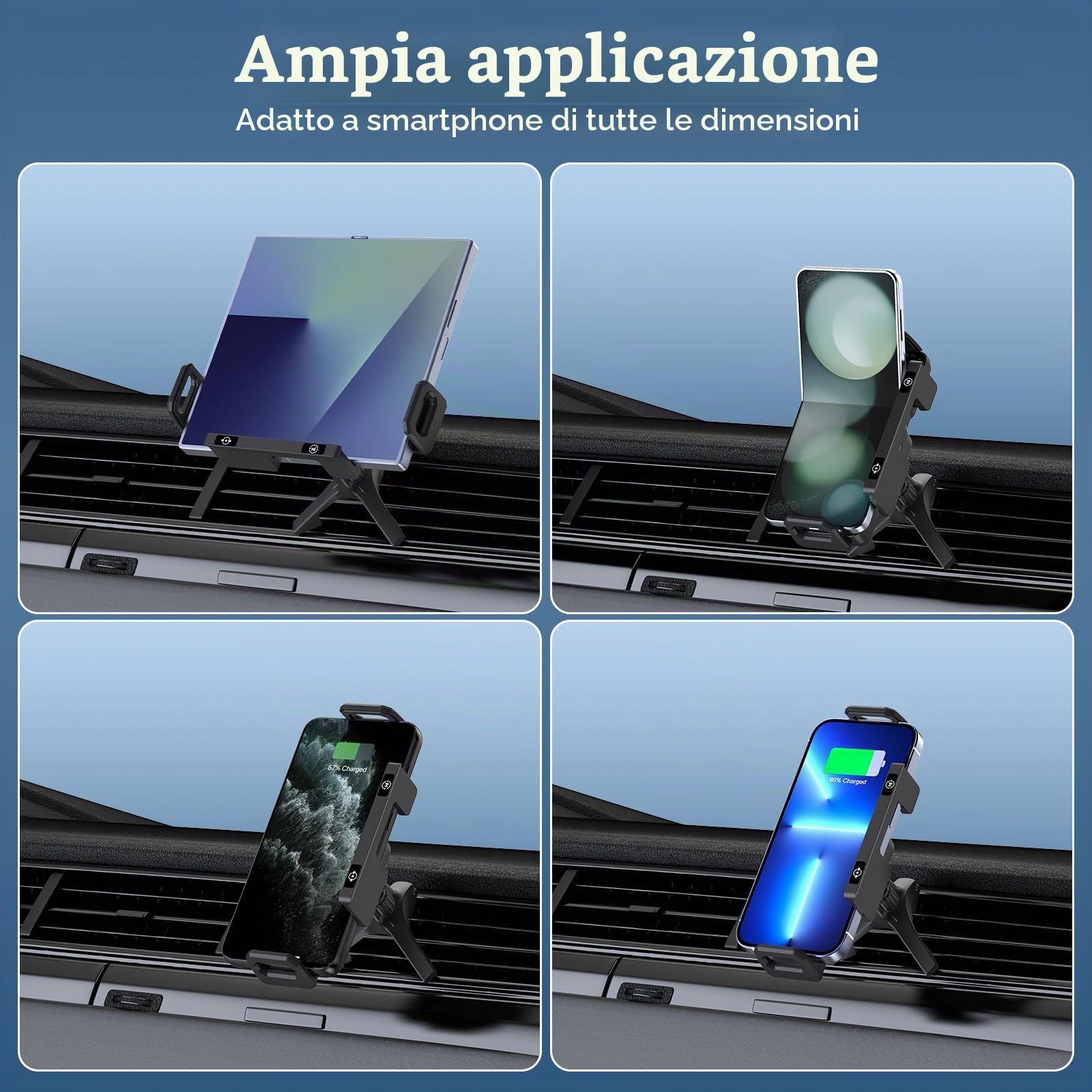 Supporto per cellulare auto per Galaxy Z Fold 7 6 5 4 3 2 con funzione di ricarica 15 W Dual Coils QC 3.0 Fast Wireless Charger Auto per Z Fold può ruotare automaticamente il supporto auto