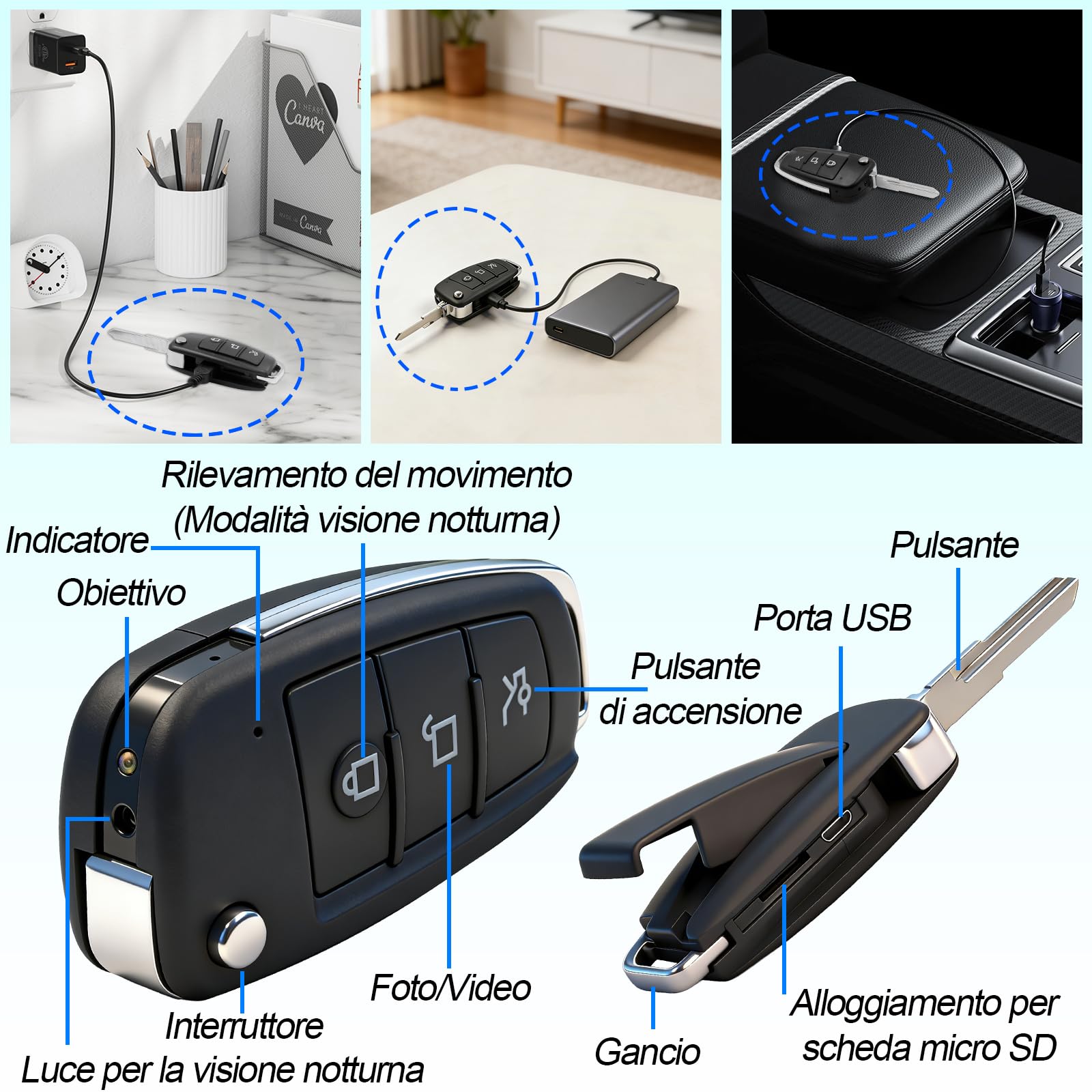Telecamera Spia Nascosta, 1080P HD Mini Telecamera Spia Nascosta con Visione Notturna, Obiettivo Grandangolare 120° Microcamera Spia con Rilevamento del Movimento