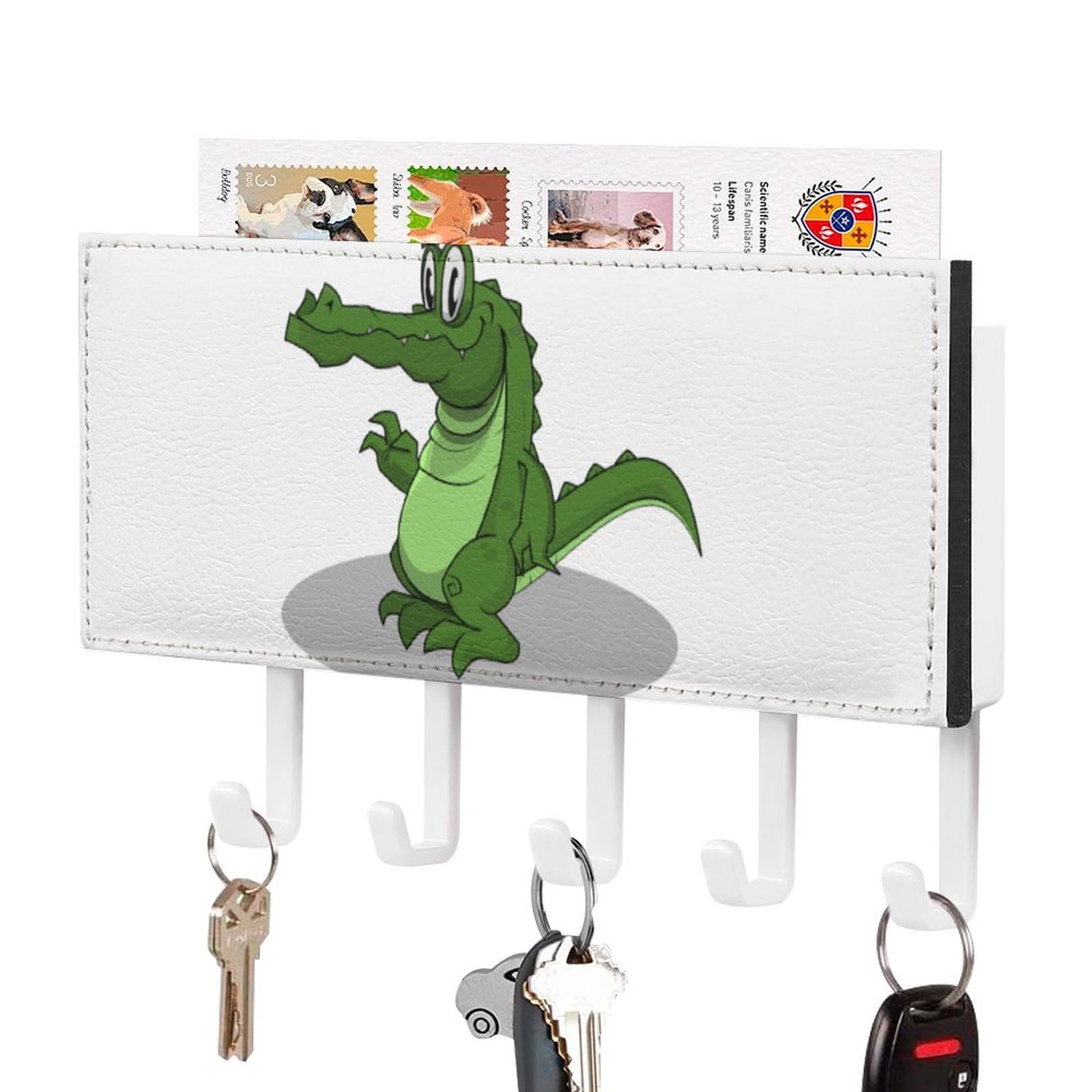 DWVTSLH Crocodile Key Holder for Wall, Decorative Key Hooks with Mail Organizer & 5 Hooks, Self Adhesive Leather Key Hanger for Entryway, Wall Mounted Key Rack (7.1” X 4.3” X 0.9”)