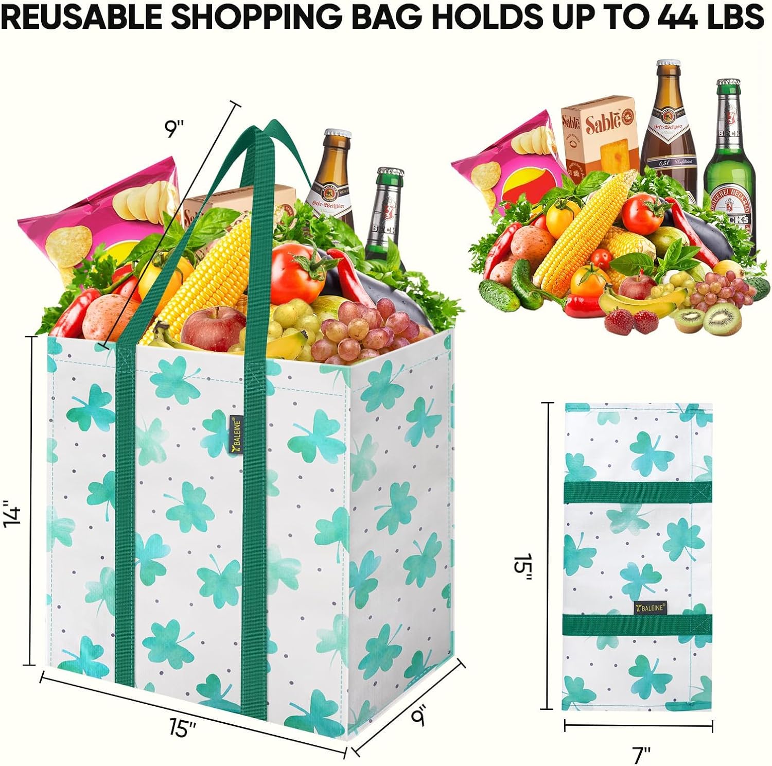 BALEINE 4 PK Grocery Bags Reusable Shopping Bags with Reinforced Bottom, Heavy Duty Foldable Tote Bags (Clover) - Image 2
