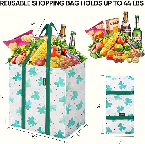Miniatura 2 de BALEINE 4 PK Bolsas de supermercado reutilizables con fondo reforzado, bolsas de compras plegables resistentes (Trébol)
