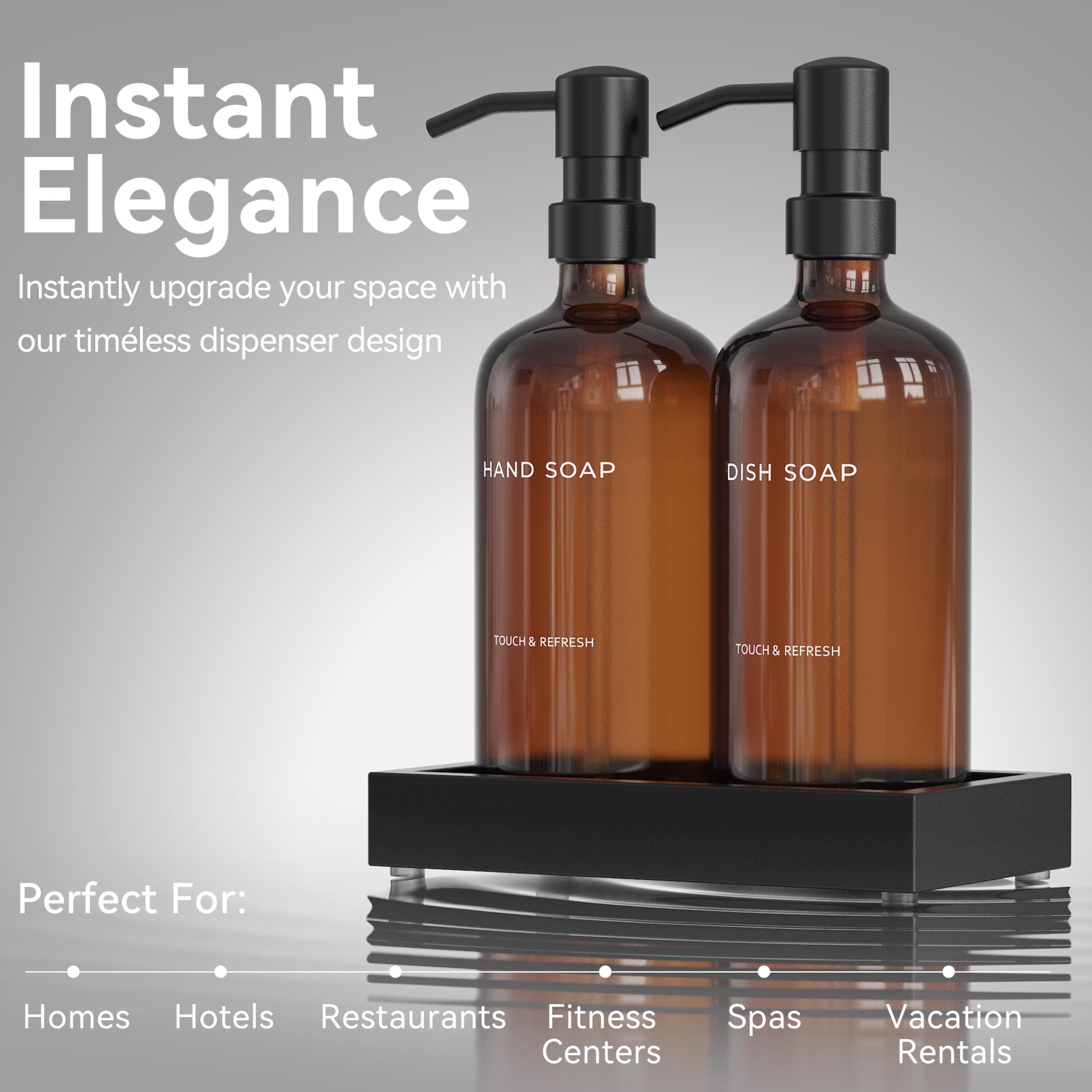 Kitchen Soap Dispenser Set including Tray - Hand and Dish Soap Dispenser for Kitchen,Modern Kitchen Decor & Accessories. (Amber) - Image 3