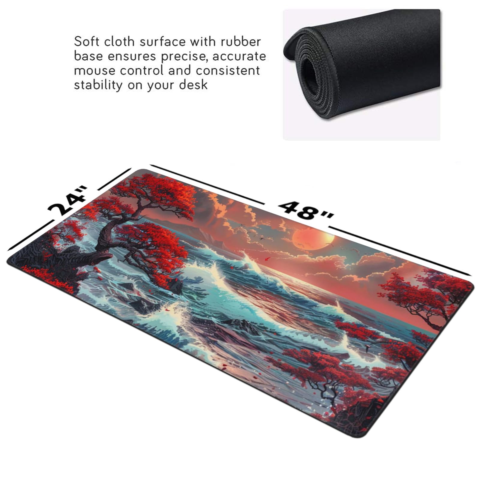 Alfombrilla de escritorio japonesa, 48 x 24 pulgadas, alfombrilla de mouse grande extendida con ondas marinas, tamaño XXXL, alfombrilla de mouse para juegos con base antideslizante de 3 mm y